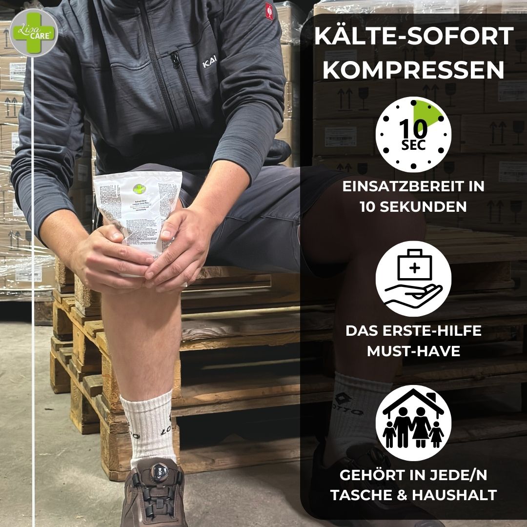 Mann mit Kompresse am Knie. LisaCare Kälte-Sofort Kompresse. Einsatzbereit in 10 Sekunden. Erste-Hilfe-Must-Have.