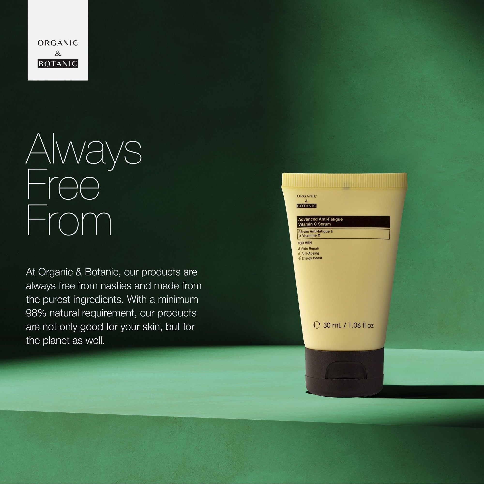 Gelbe Tube vor grünem Hintergrund. Beschriftung: Advanced Anti-Fatigue Vitamin C Serum. Marke: Organic & Botanic.