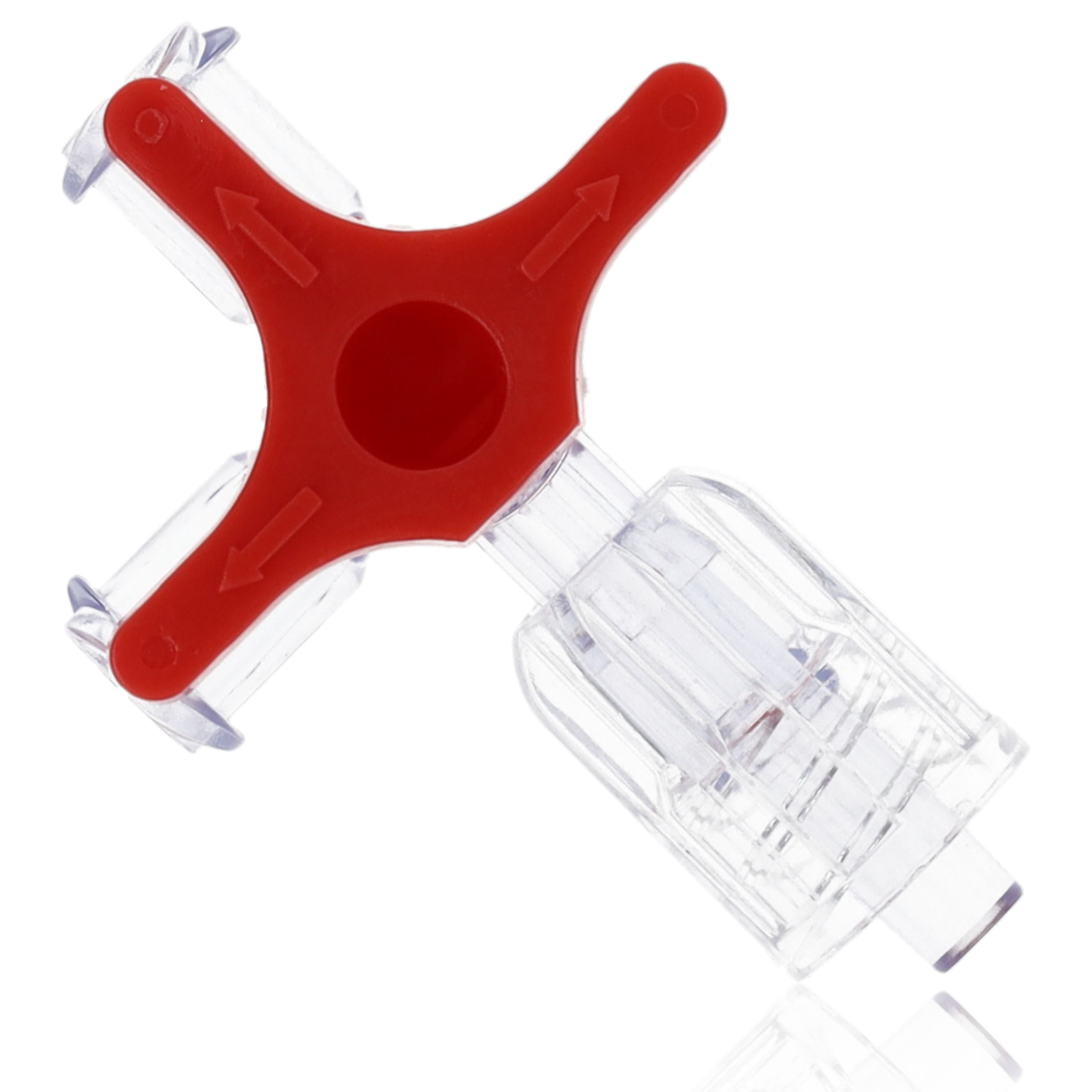 Drehventil mit rotem Griff und transparentem Gehäuse. Nahaufnahme, Draufsicht.