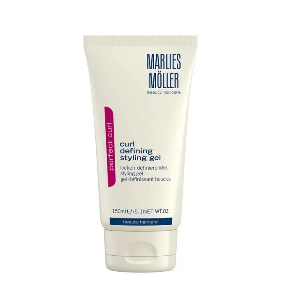 Weiße Tube mit Produktaufschrift. Rosa Streifen mit Text 'perfect curl'. Text: 'curl defining styling gel'. 150ml/5.1 NET WT.OZ.