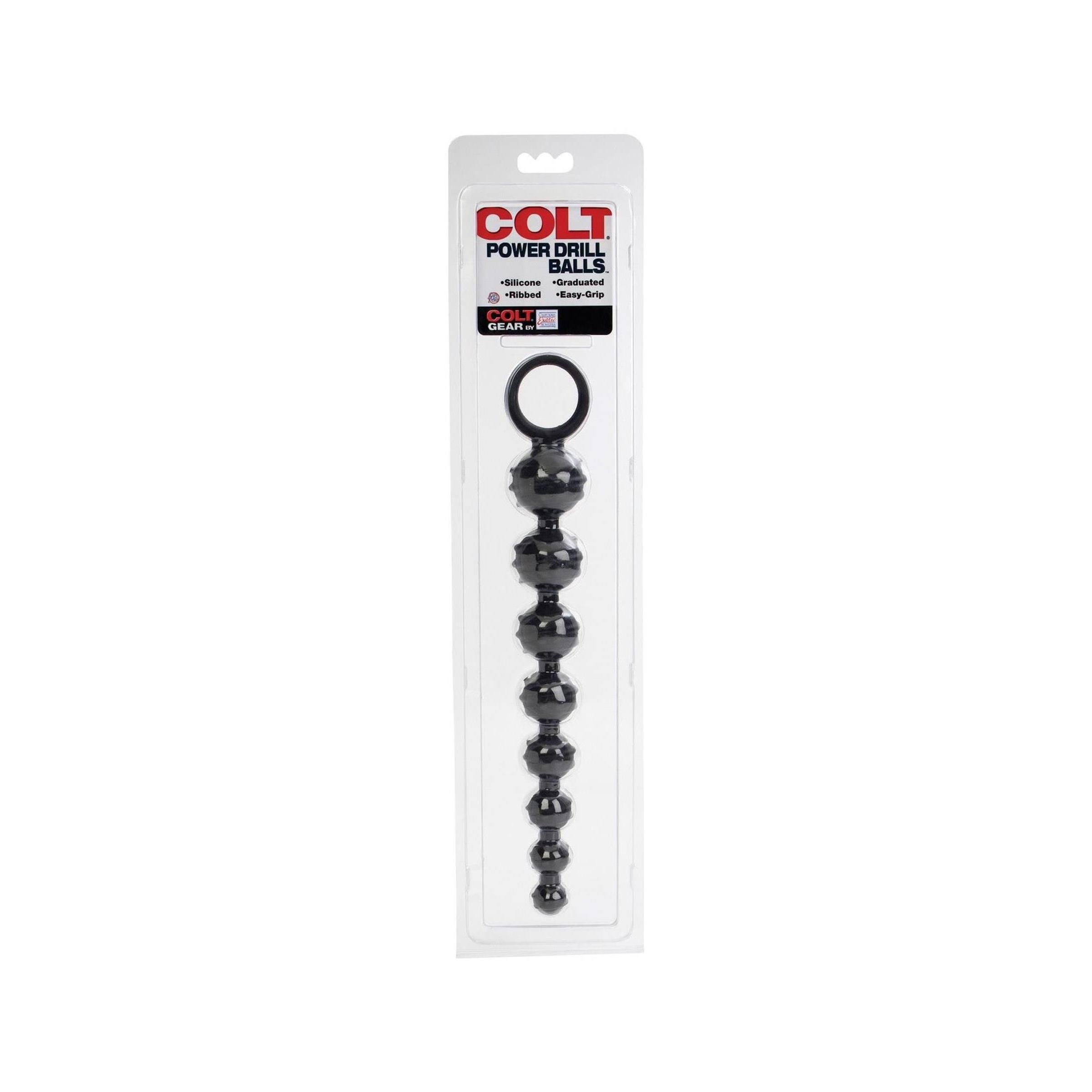 Schwarze COLT Power Drill Balls in Blisterverpackung. Mehrere Kugeln mit Ringgriff. Silikon, strukturierte Oberfläche.