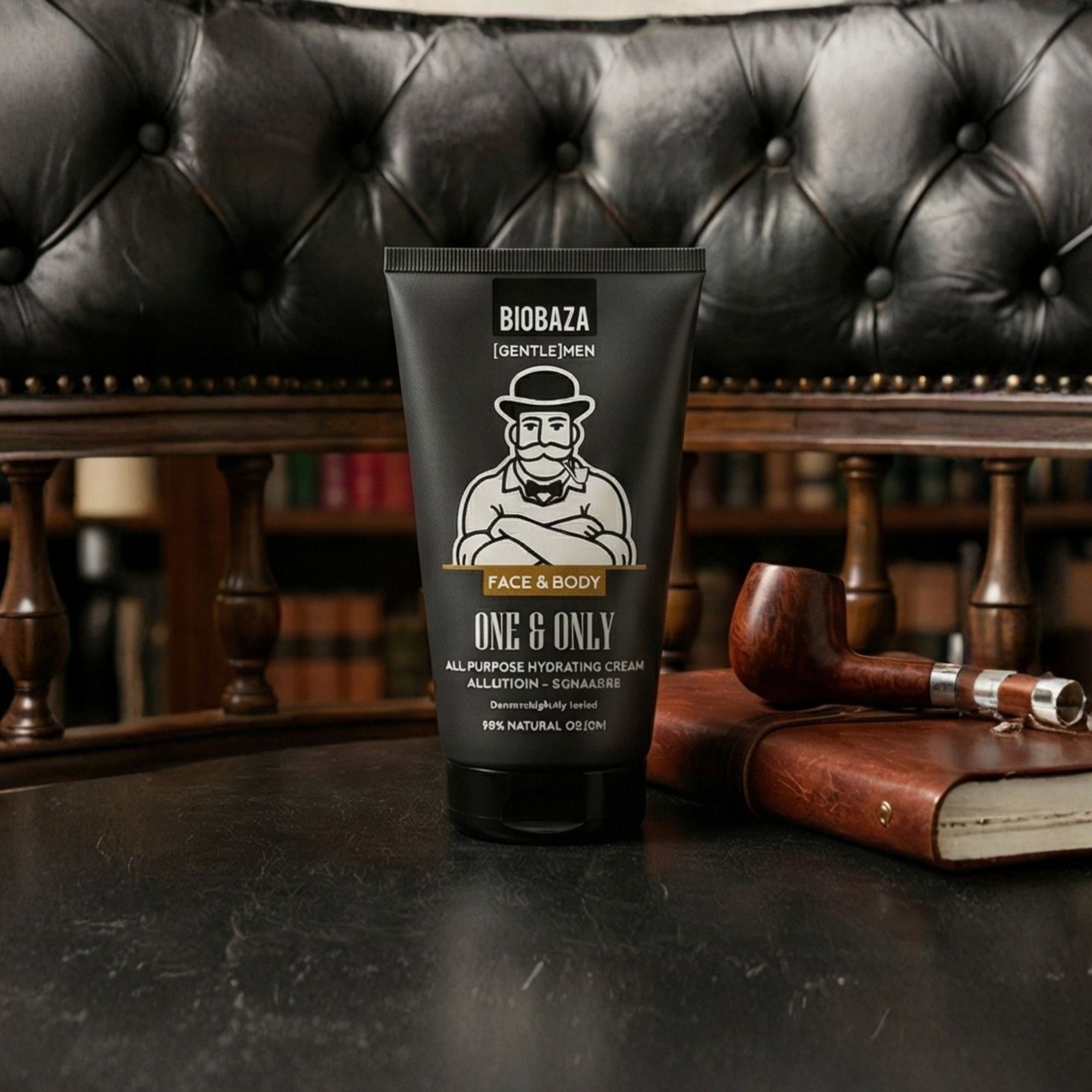 Schwarze Tube mit Produktaufdruck. Aufdruck: Biobaza, Gentleman-Illustration, Schriftzug One & Only, Face & Body.