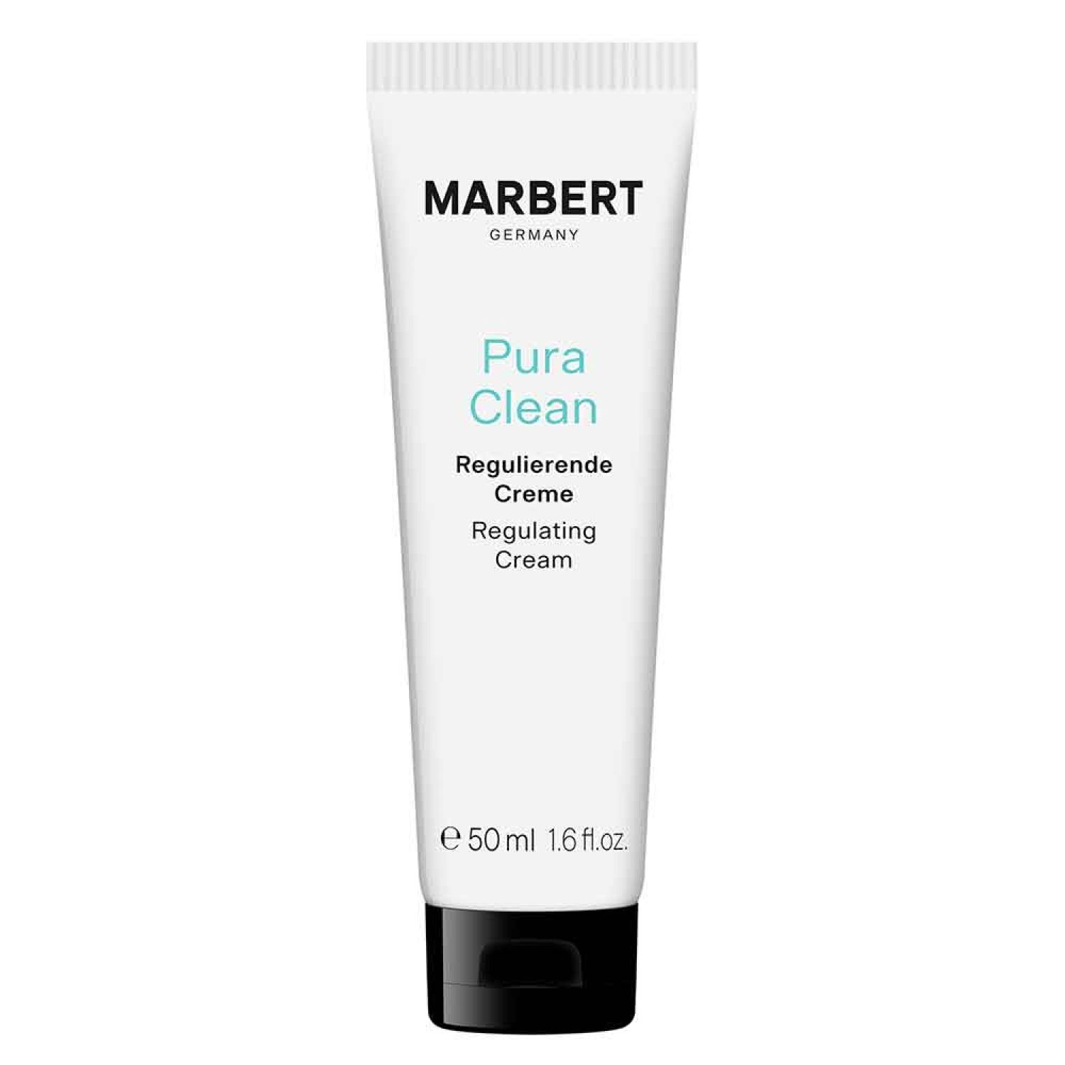 Weiße Tube mit schwarzem Deckel. Aufschrift: MARBERT, Pura Clean, Regulierende Creme, Regulating Cream. Volumen: 50 ml.