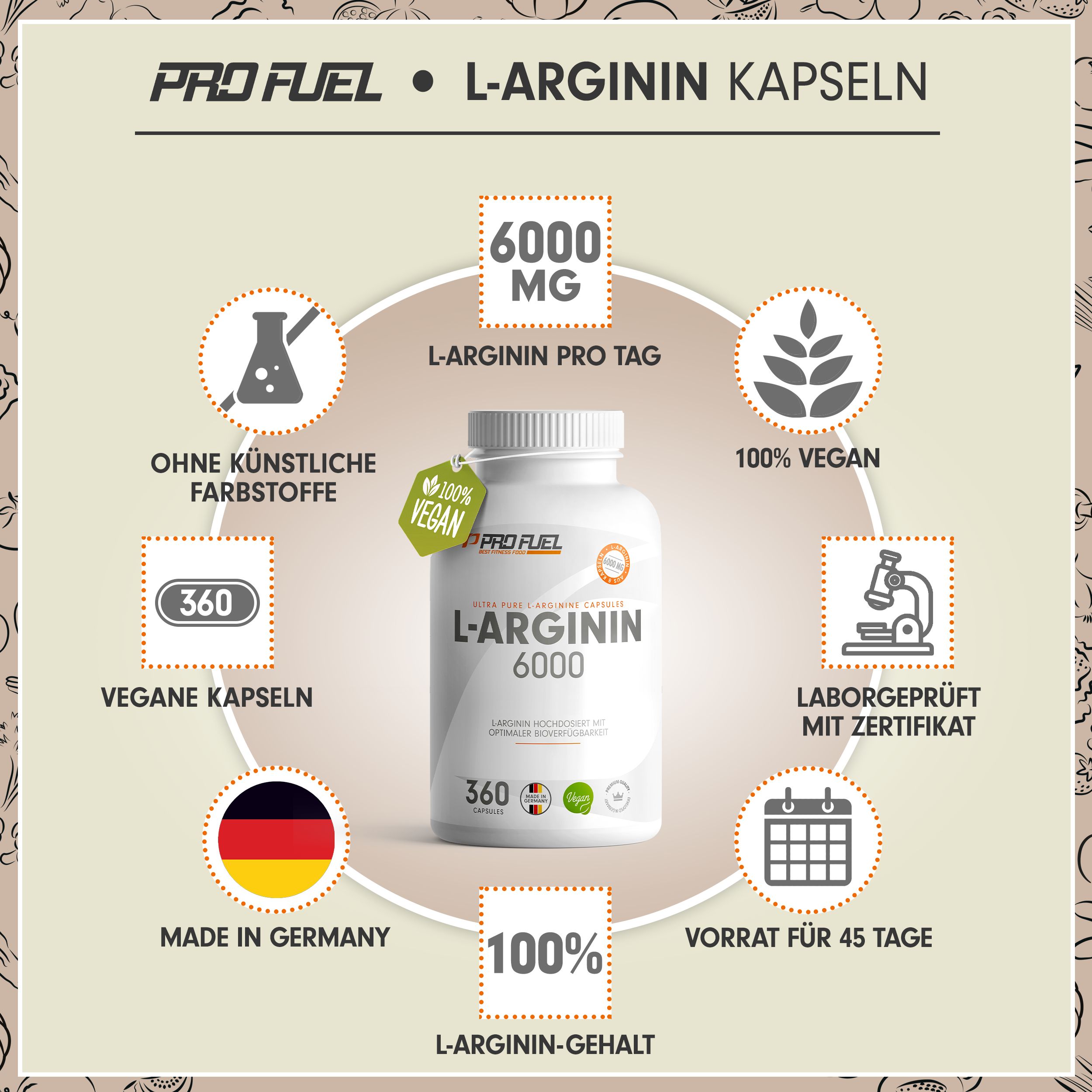 Weiße Flasche mit L-Arginin 6000 Kapseln. 360 vegane Kapseln. 100% vegan. Laborgeprüft. Hergestellt in Deutschland.
