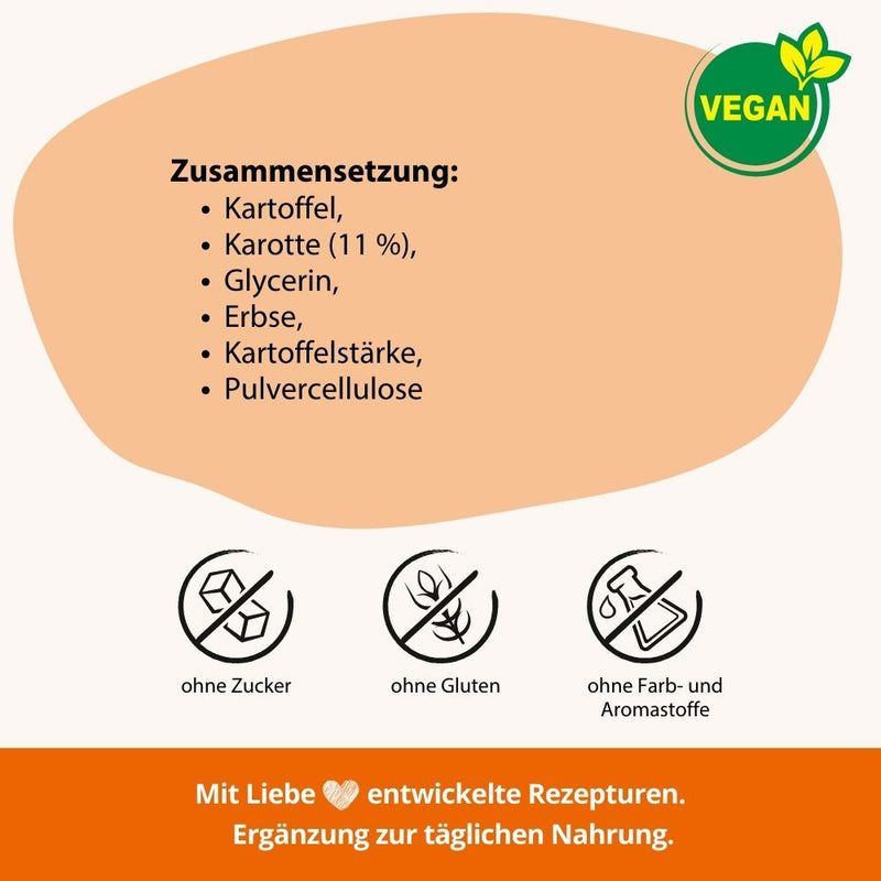 Zutatenliste mit Kartoffel, Karotte (11%), Glycerin, Erbse, Kartoffelstärke, Pulvercellulose. Vegan, ohne Zucker, ohne Gluten, ohne Farb- und Aromastoffe.