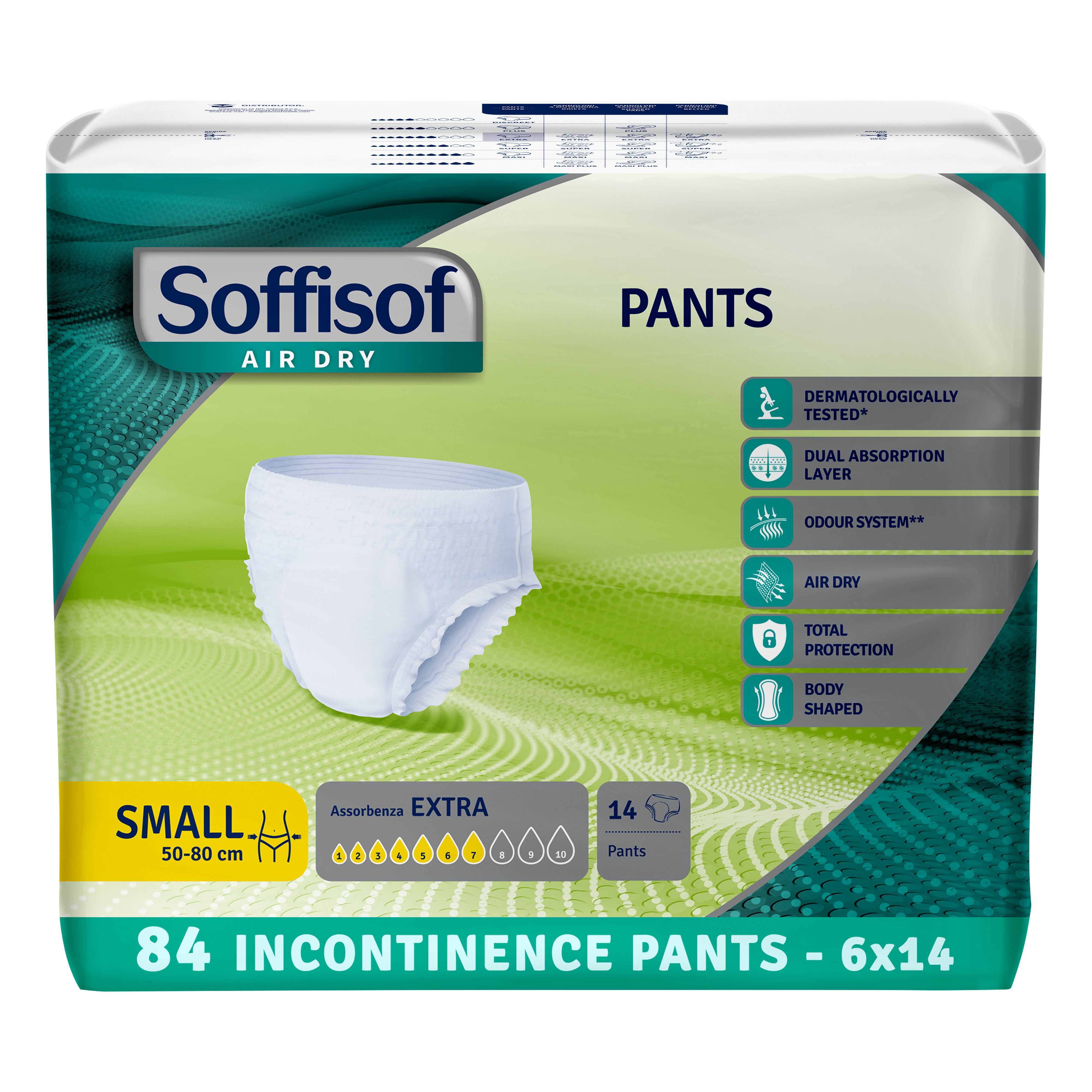Verpakking Soffisof Pants Extra, maat Small, 14 stuks. Kenmerken: dermatologisch getest, dubbele absorptielaag, geurcontrole.