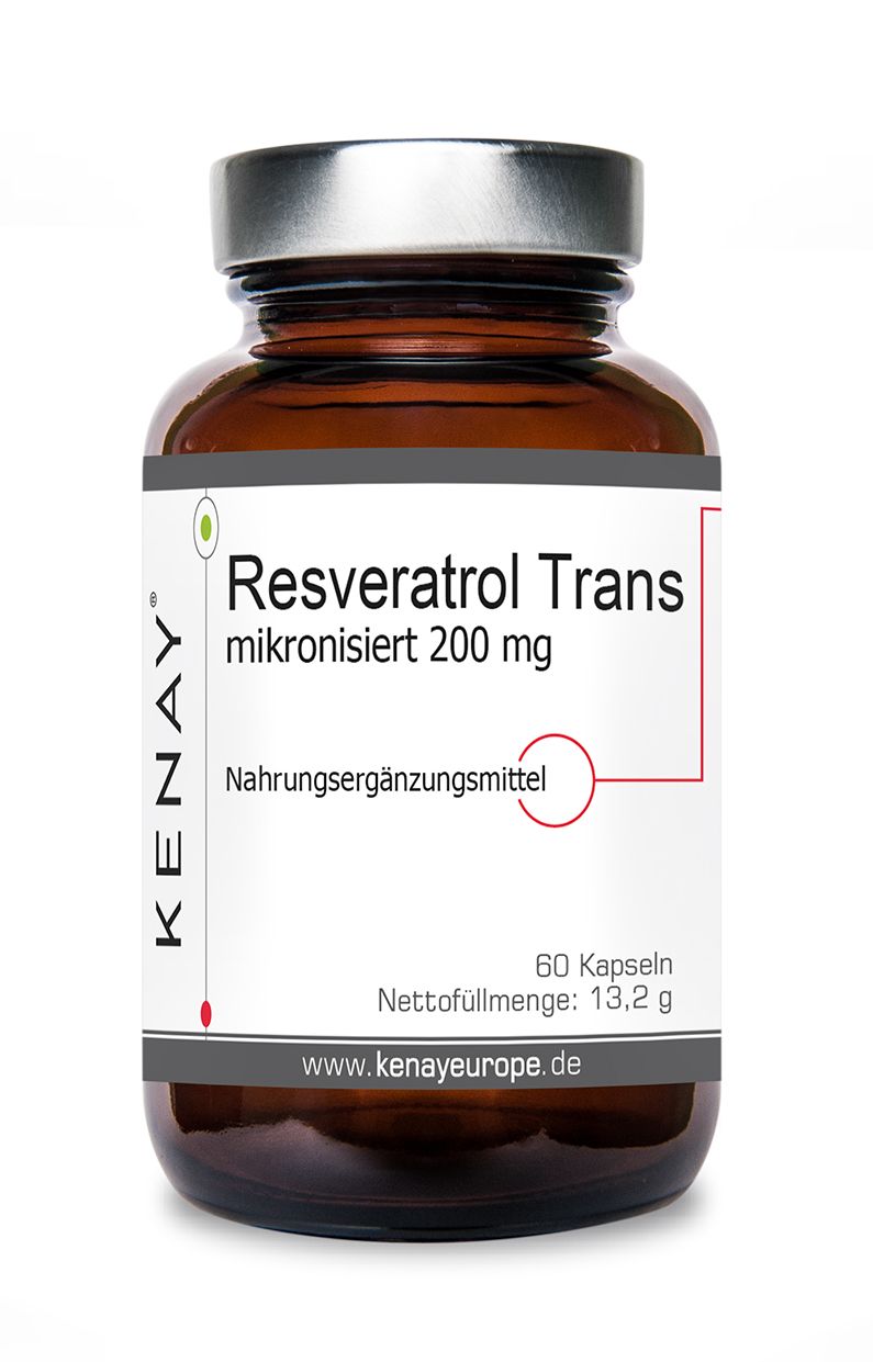 Braune Glasflasche mit weißen Etikett. Resveratrol Trans mikronisiert 200 mg, Nahrungsergänzungsmittel. 60 Kapseln. Marke KENAY.