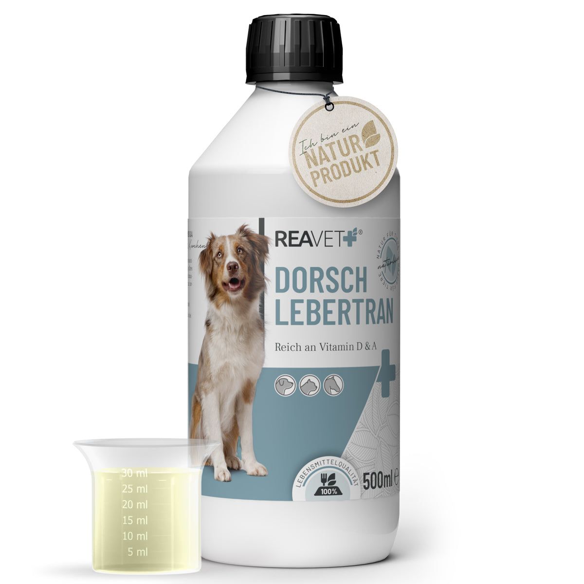 Weiße Flasche mit schwarzem Deckel, Etikett mit Produktnamen und Hund. Messbecher mit Flüssigkeit daneben.