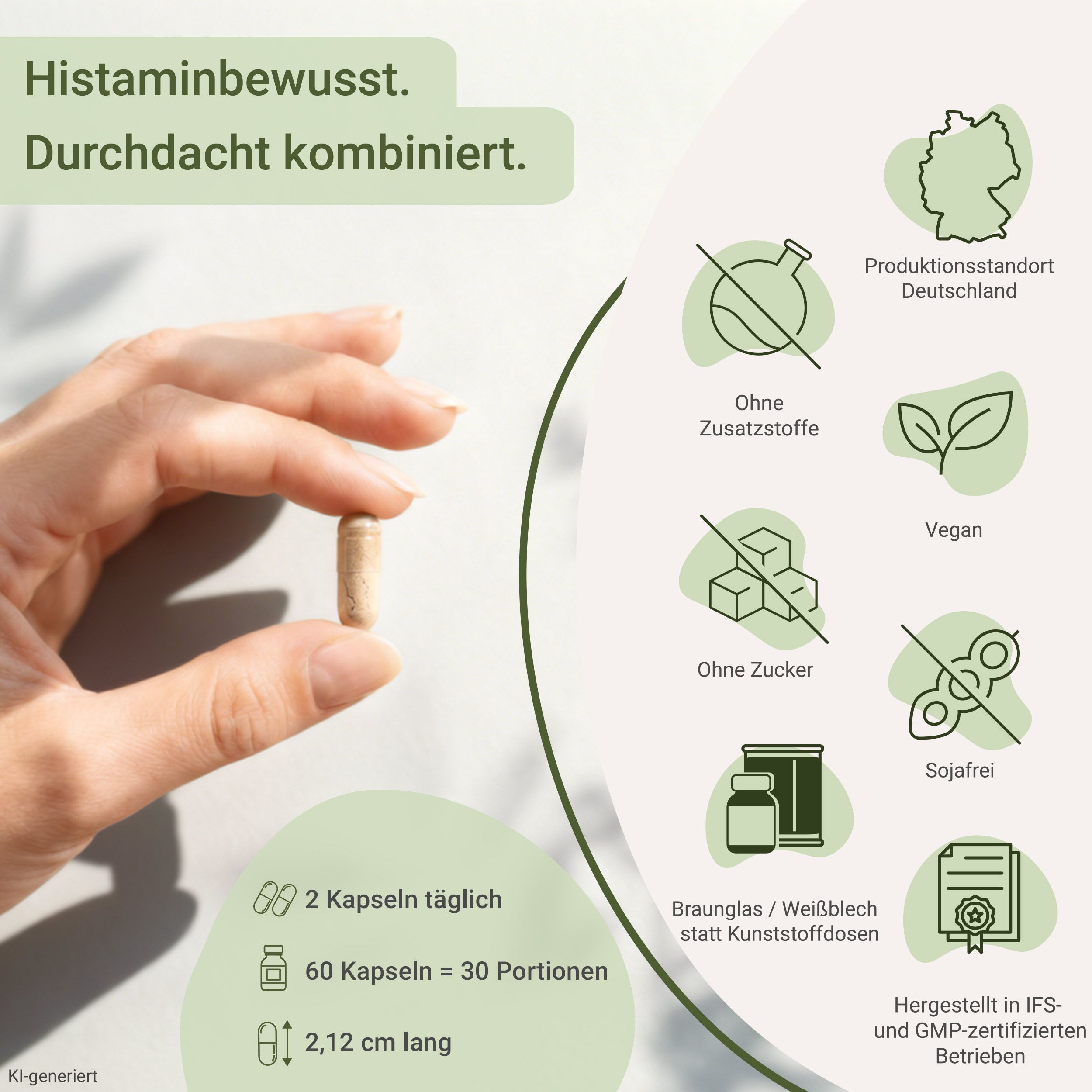 Eine Hand hält eine hellbraune Kapsel, 2,12 cm lang. Informationen zu Dosierung und Portionsgröße sind sichtbar.