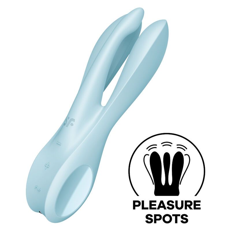Hellblauer Vibrator mit zwei Stimulationsarmen und ovaler Öffnung. Logo und 'Pleasure Spots' sichtbar.