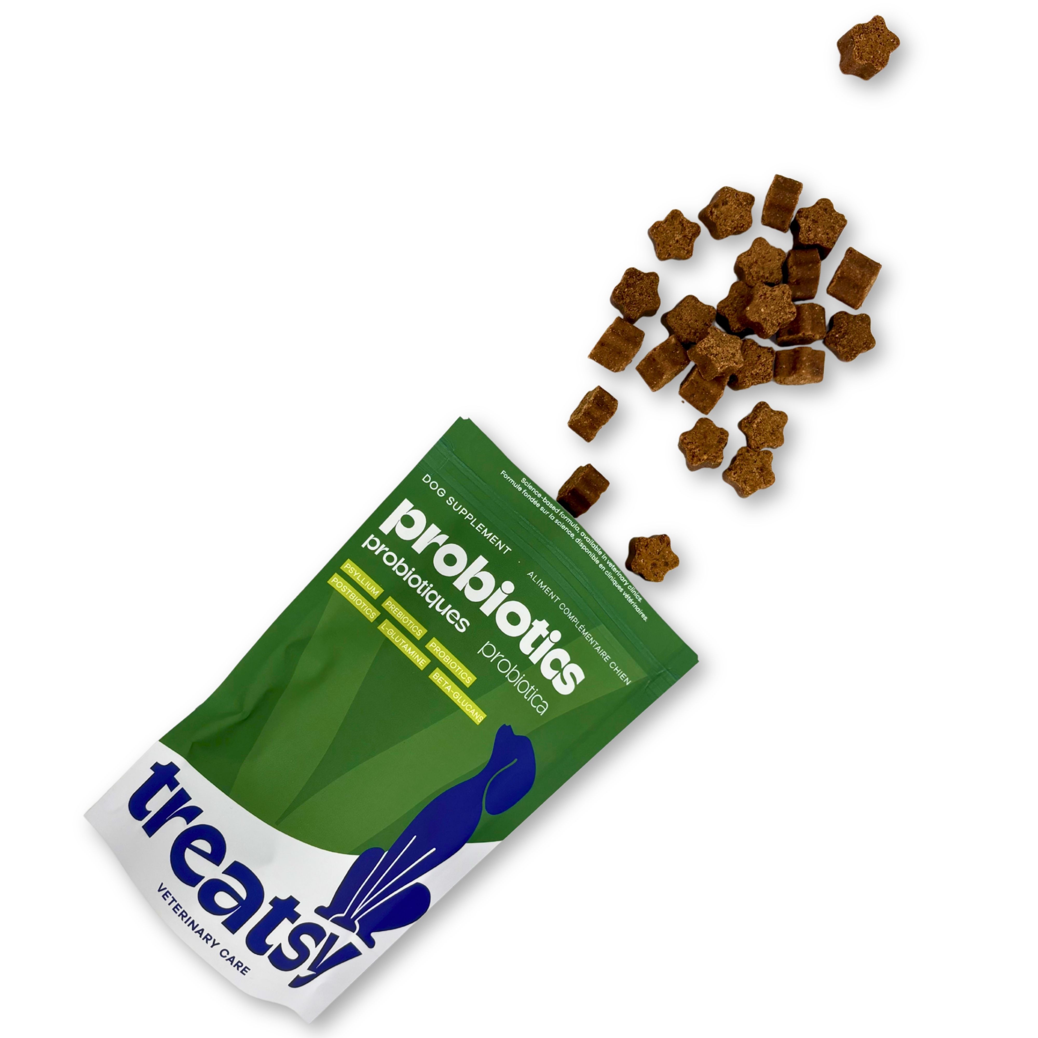 Grüne Tüte mit Probiotika für Hunde. Diagramm mit Vorteilen: EU, Inhaltsstoffe, Glutenfrei, ohne Aromen.