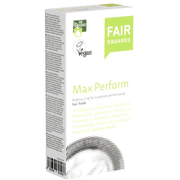 Weiße Verpackung mit grünem Logo und Text. "Fair Squared" und "Max Perform" sind sichtbar. Vegan-Siegel und Fair Rubber-Logo.