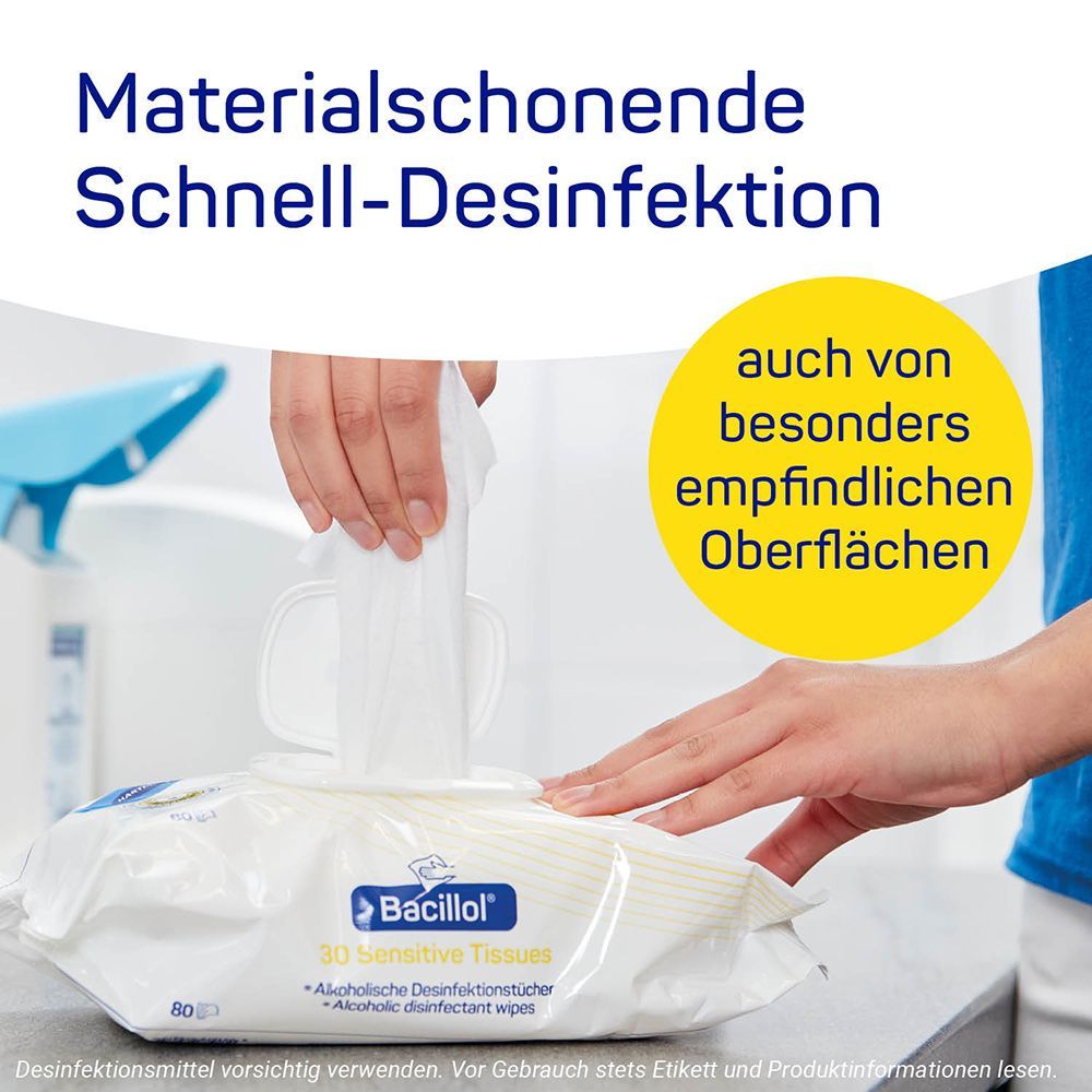 Bacillol® 30 Sensitive Tissues. Packung mit 80 Tüchern. Text: Materialschonende Schnell-Desinfektion. Logo Bacillol.