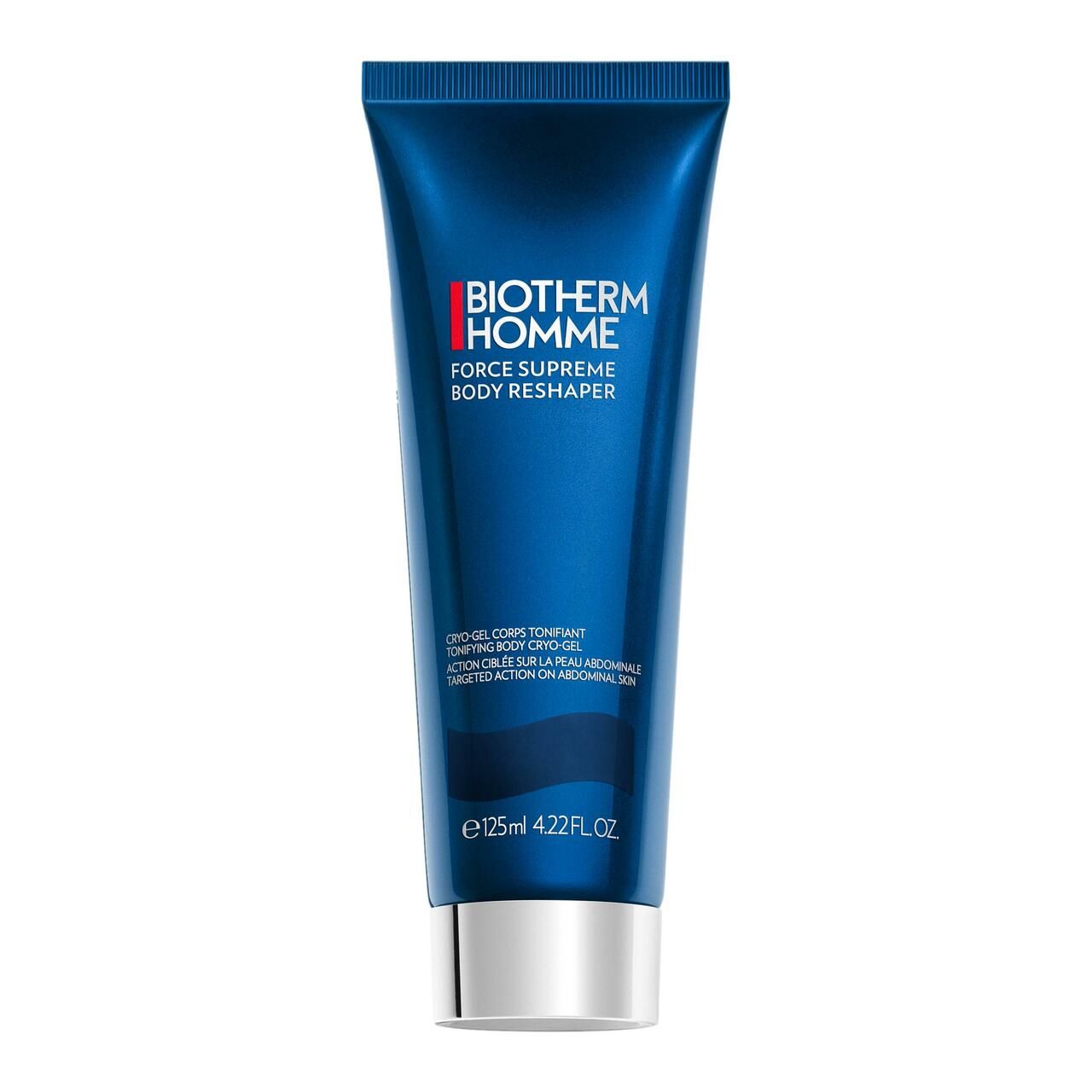 Blaue Tube mit Produktnamen und -details. Marke: Biotherm Homme. Produkt: Force Supreme Body Reshaper.