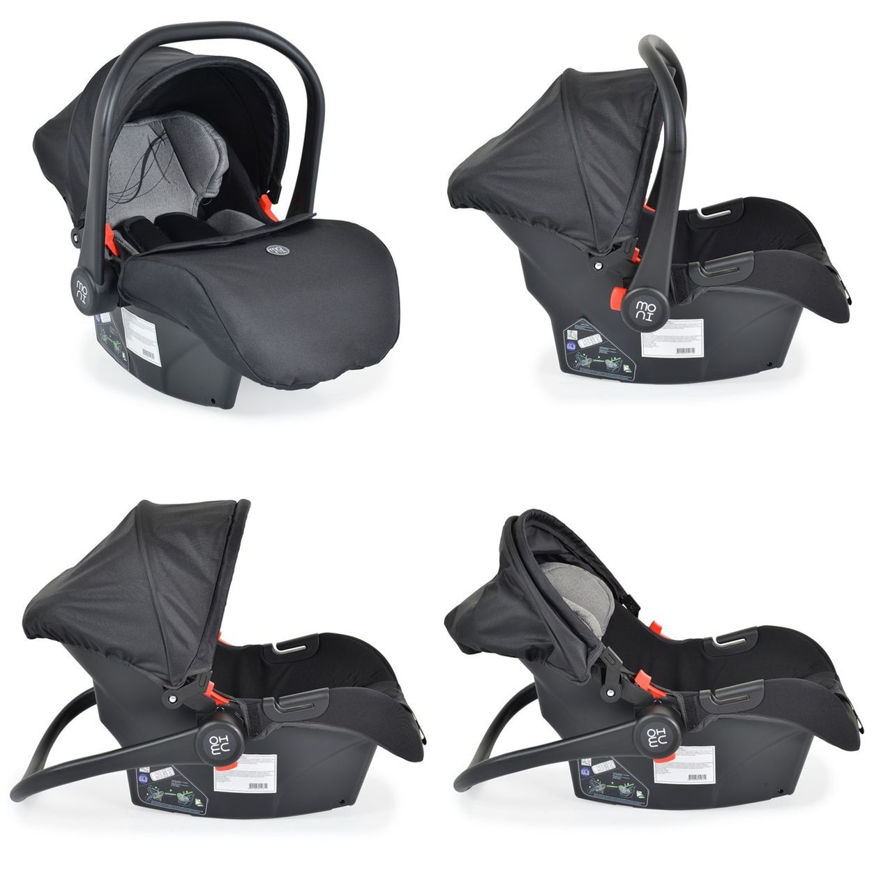Schwarze Babyschale mit verstellbarem Verdeck und 5-Punkt-Gurt.