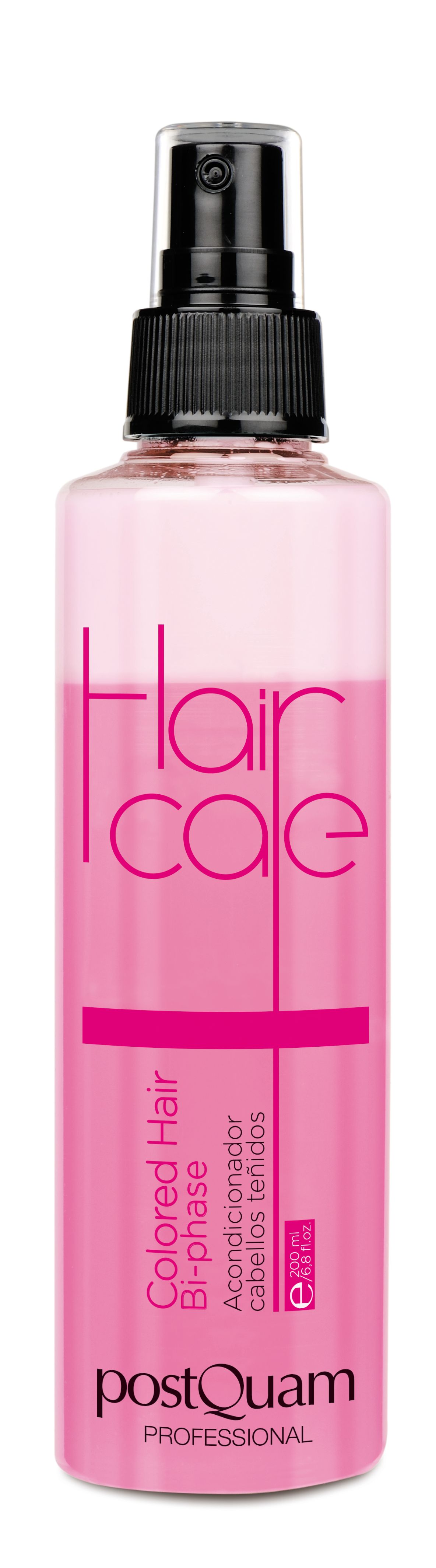Rosa Flasche mit schwarzem Sprühkopf. Aufschrift: Hair Care, Colored Hair Bi-phase, PostQuam Professional. Enthält 200 ml.