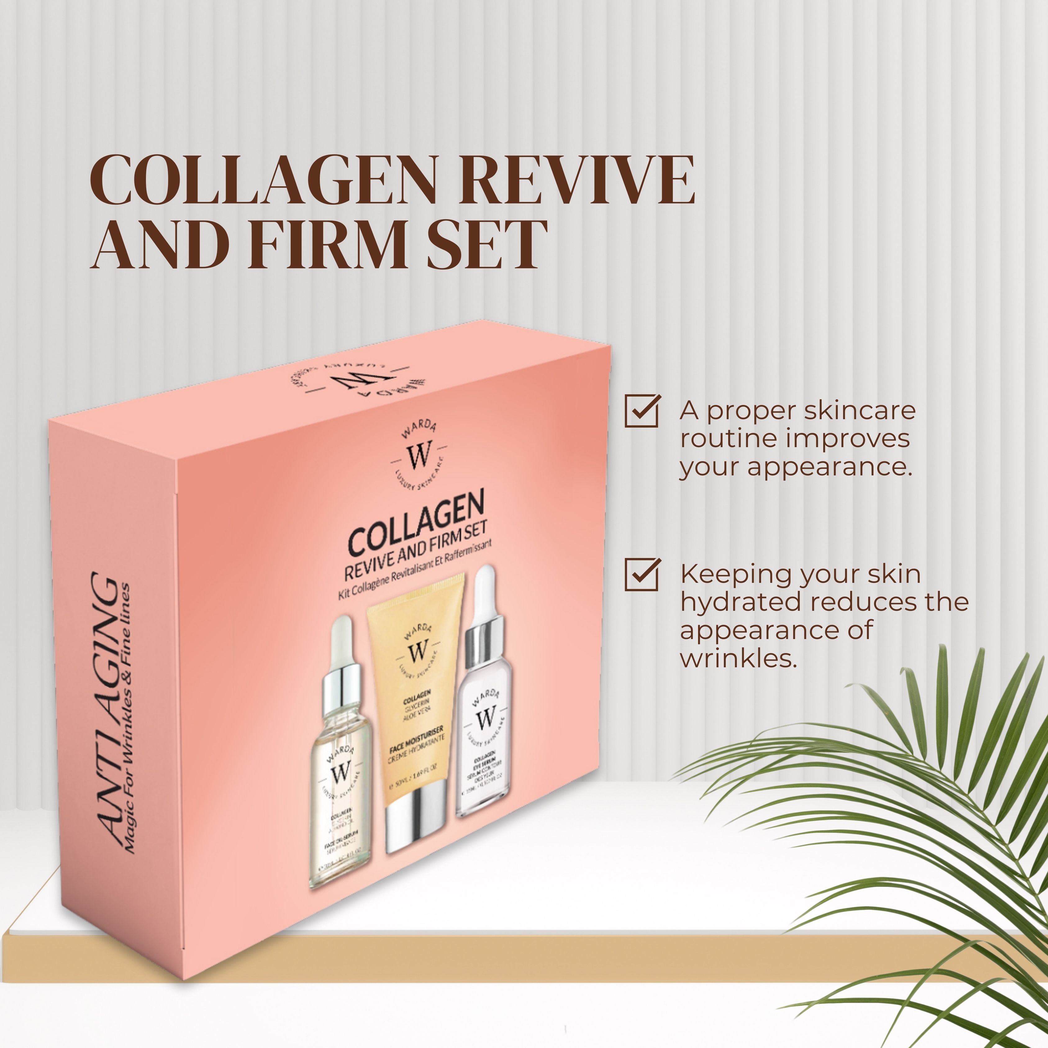 Warda COLLAGENSKIN LIFTER SERUM Set. Rosa Box mit Serumflaschen und Creme. Aufschrift: COLLAGEN REVIVE AND FIRM SET.