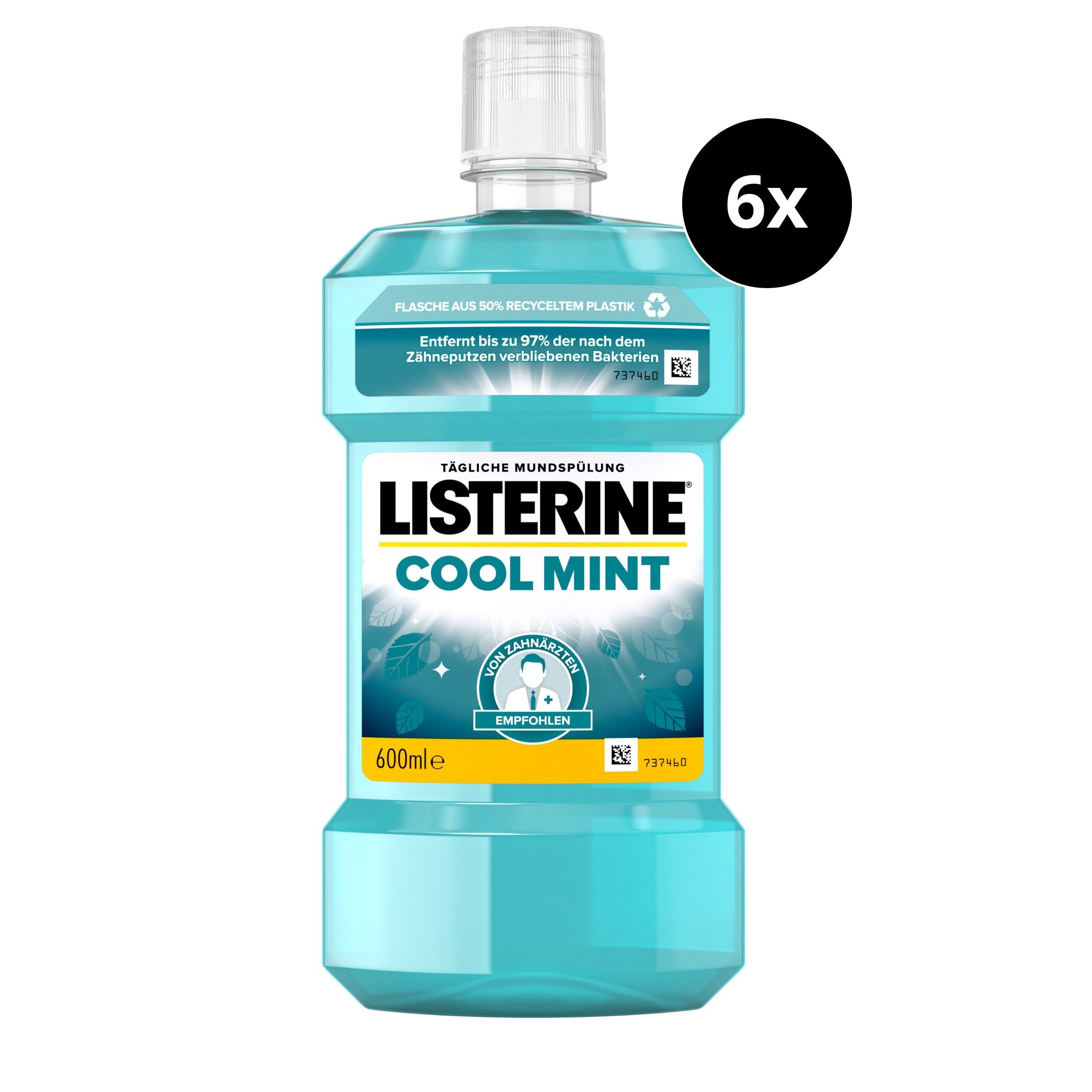 Hellblaue Flasche mit weißem Deckel. Aufschrift: Listerine Cool Mint. 6x-Kennzeichnung.