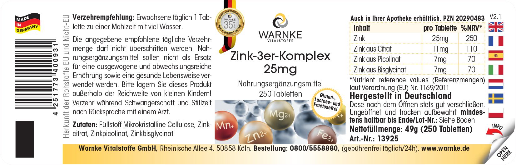 Warnke Vitalstoffe | Zink-3er-Komplex 25mg