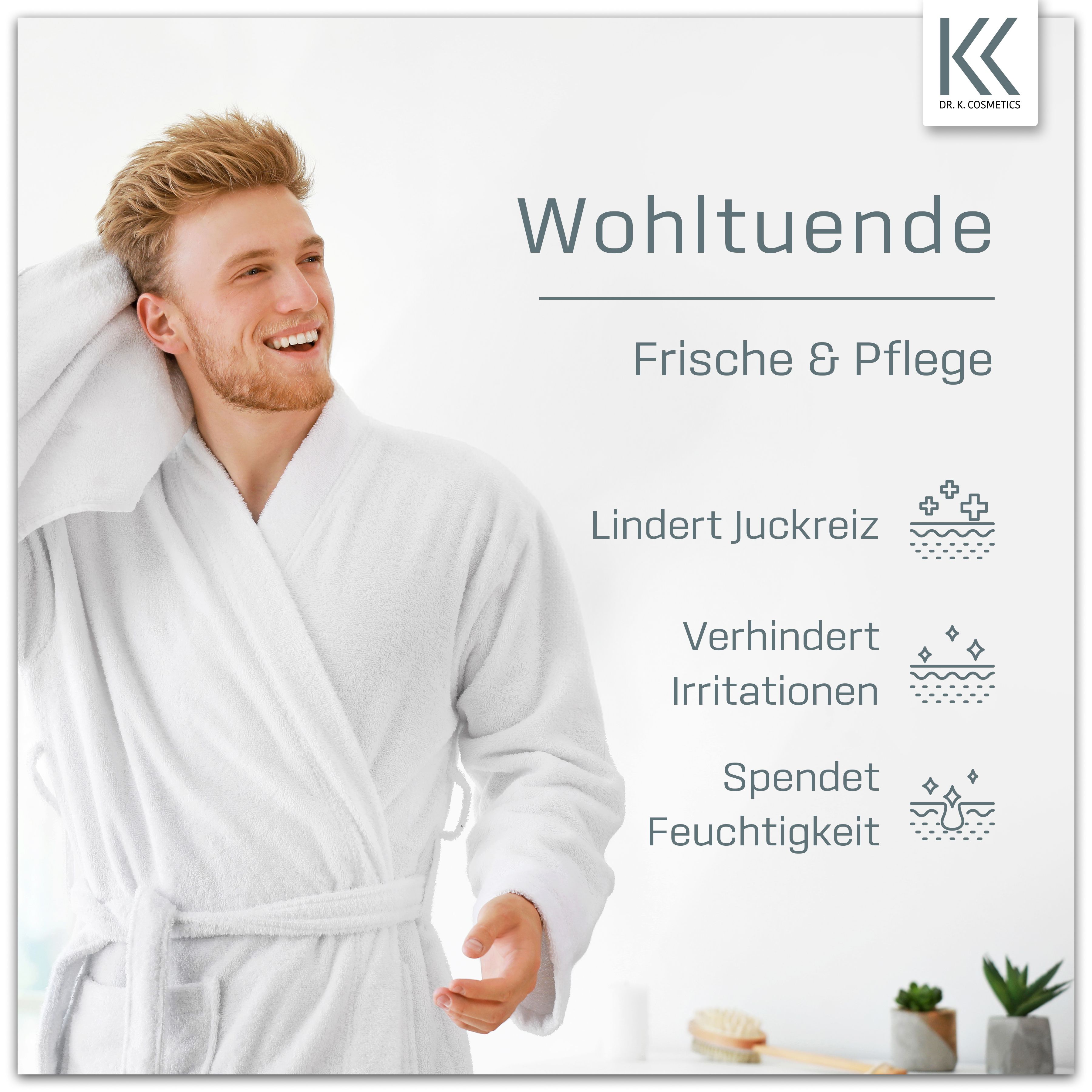 Mann im Bademantel. Text: Wohltuende Frische & Pflege. Lindert Juckreiz, verhindert Irritationen, spendet Feuchtigkeit. Marke: K.K. Cosmetics.