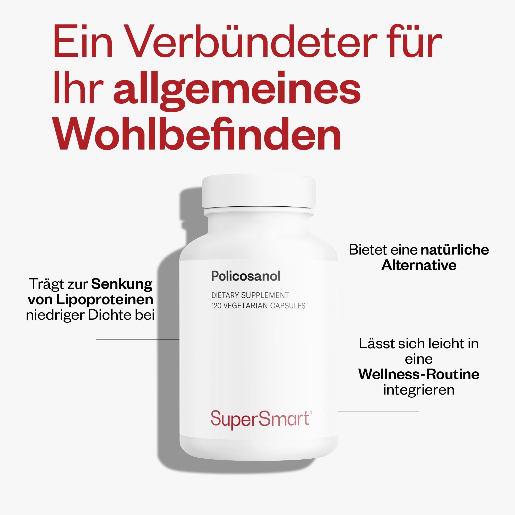 Weiße Flasche Policosanol mit rotem Etikett. 120 vegetarische Kapseln. SuperSmart-Logo. Text: Dietary Supplement.