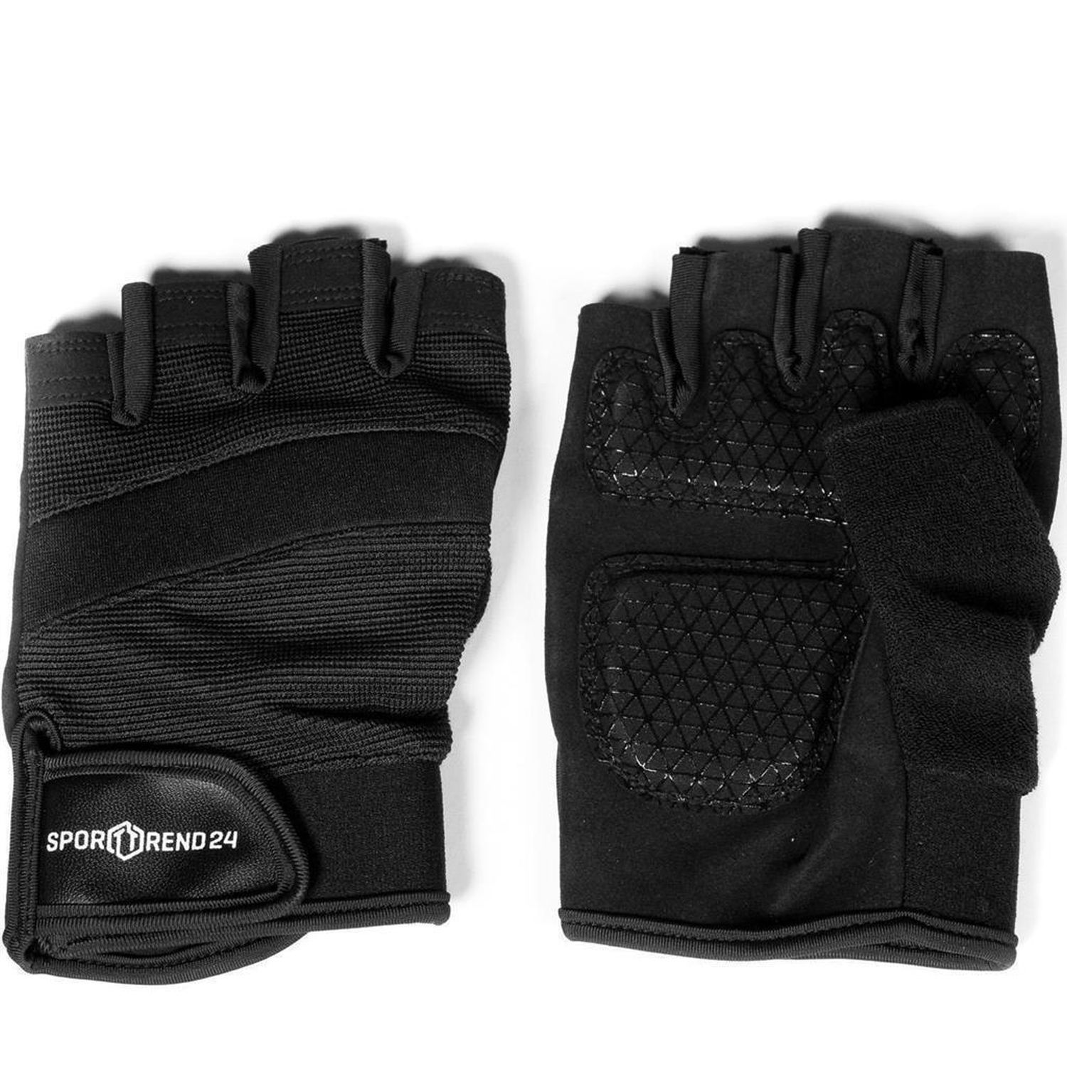 Schwarze Trainingshandschuhe. Fingerlose Ausführung mit gepolsterten Bereichen. Marke Sporttrend24 auf dem Handgelenk.