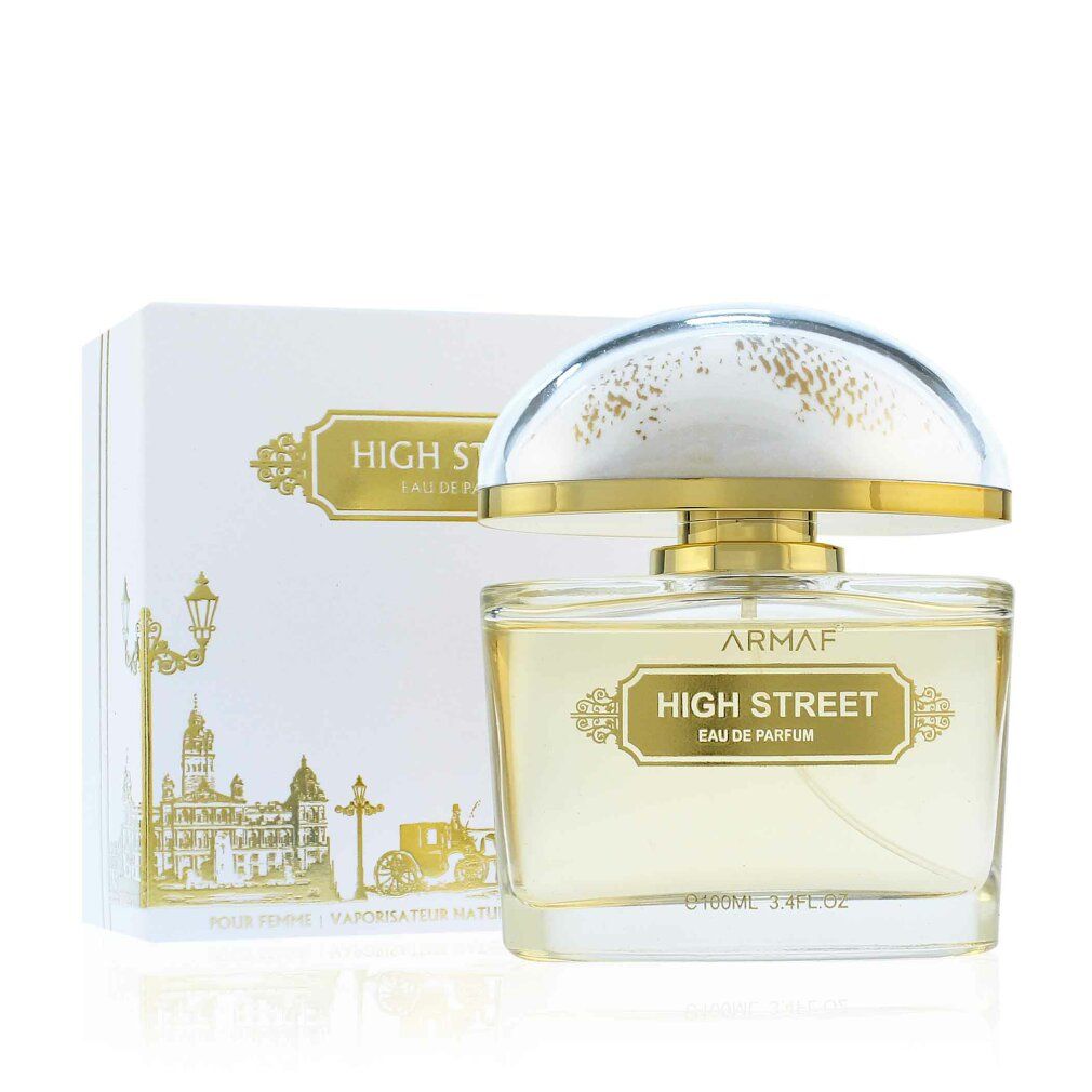 Glasflakon mit goldfarbenem Deckel und Aufschrift: ARMAF HIGH STREET EAU DE PARFUM. Beige Verpackung im Hintergrund.