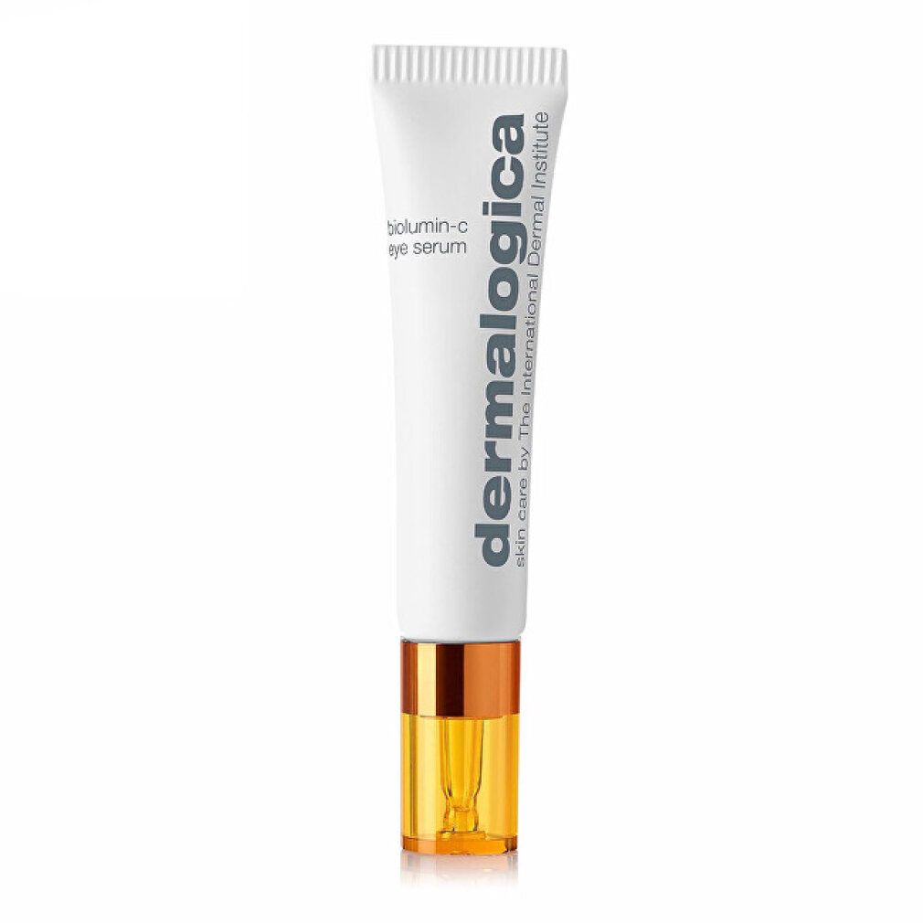 Weißer Tube mit goldenem Verschluss. Aufschrift: biolumin-c eye serum, Dermalogica. Skin care by The International Dermal Institute.