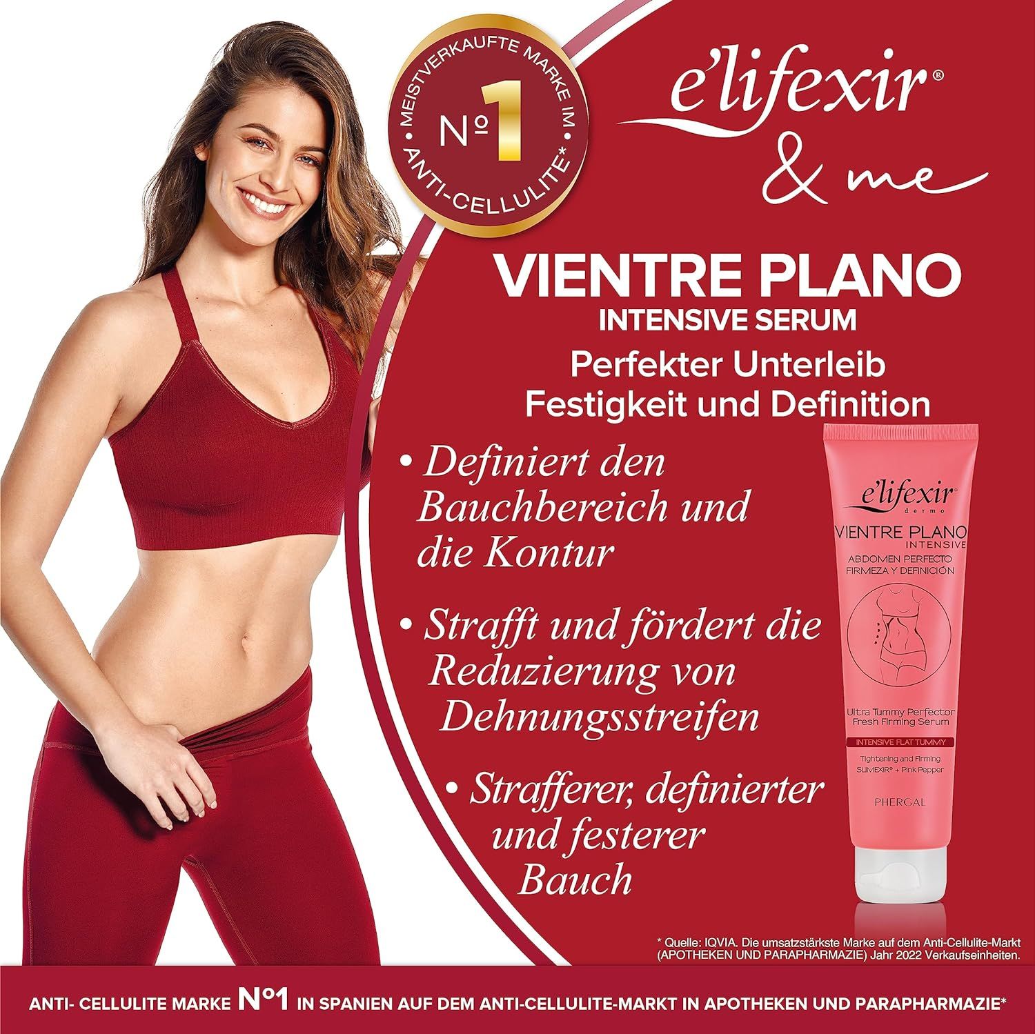 Werbung mit Frau und Produkt. Text: Vientre Plano, Perfekter Unterleib. Nr. 1 Anti-Cellulite-Marke in Spanien. Elifexir.
