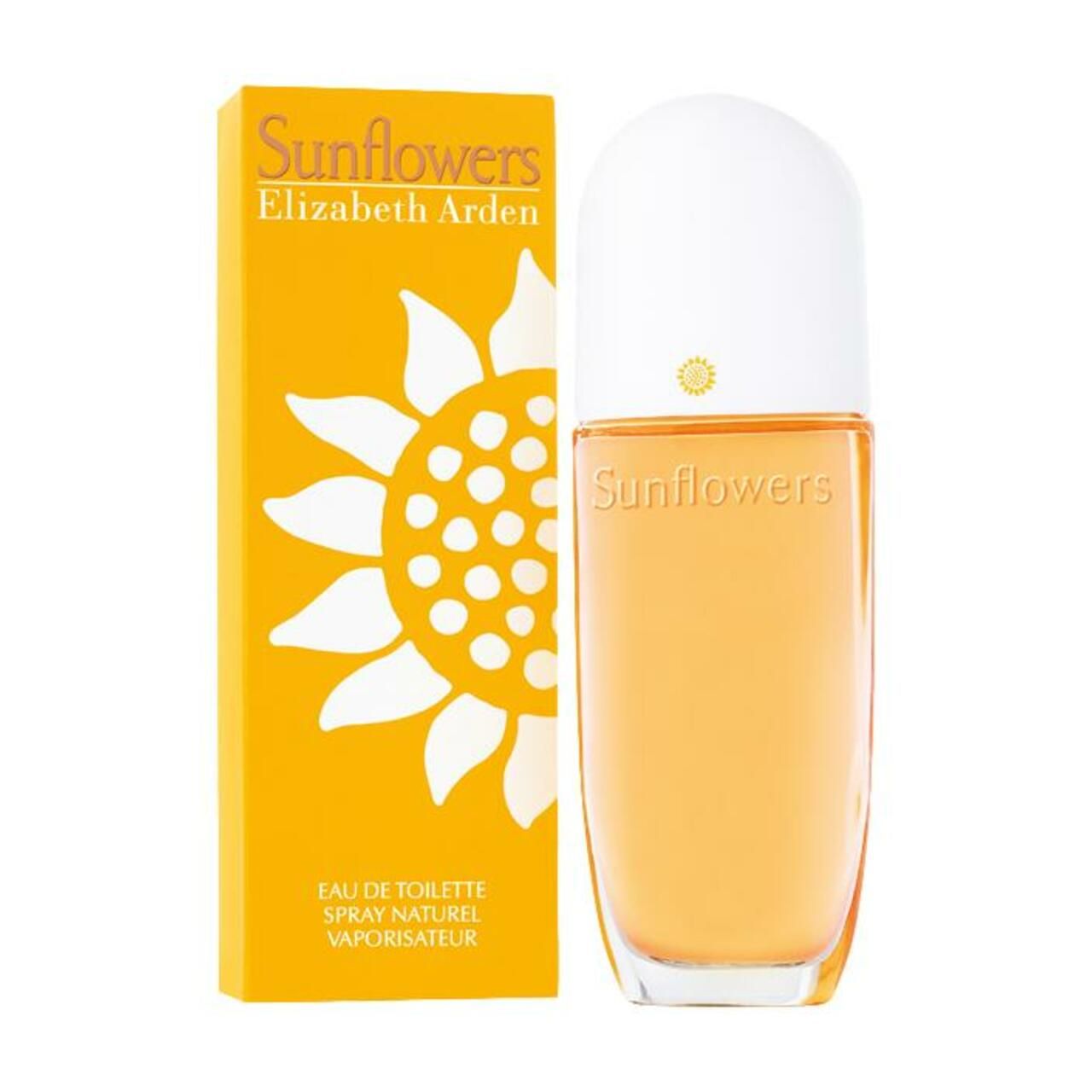 Gelbe Schachtel und Flakon. Aufschrift Sunflowers Elizabeth Arden. Flakon mit weißem Deckel. Eau de Toilette Spray Naturel Vaporisateur.