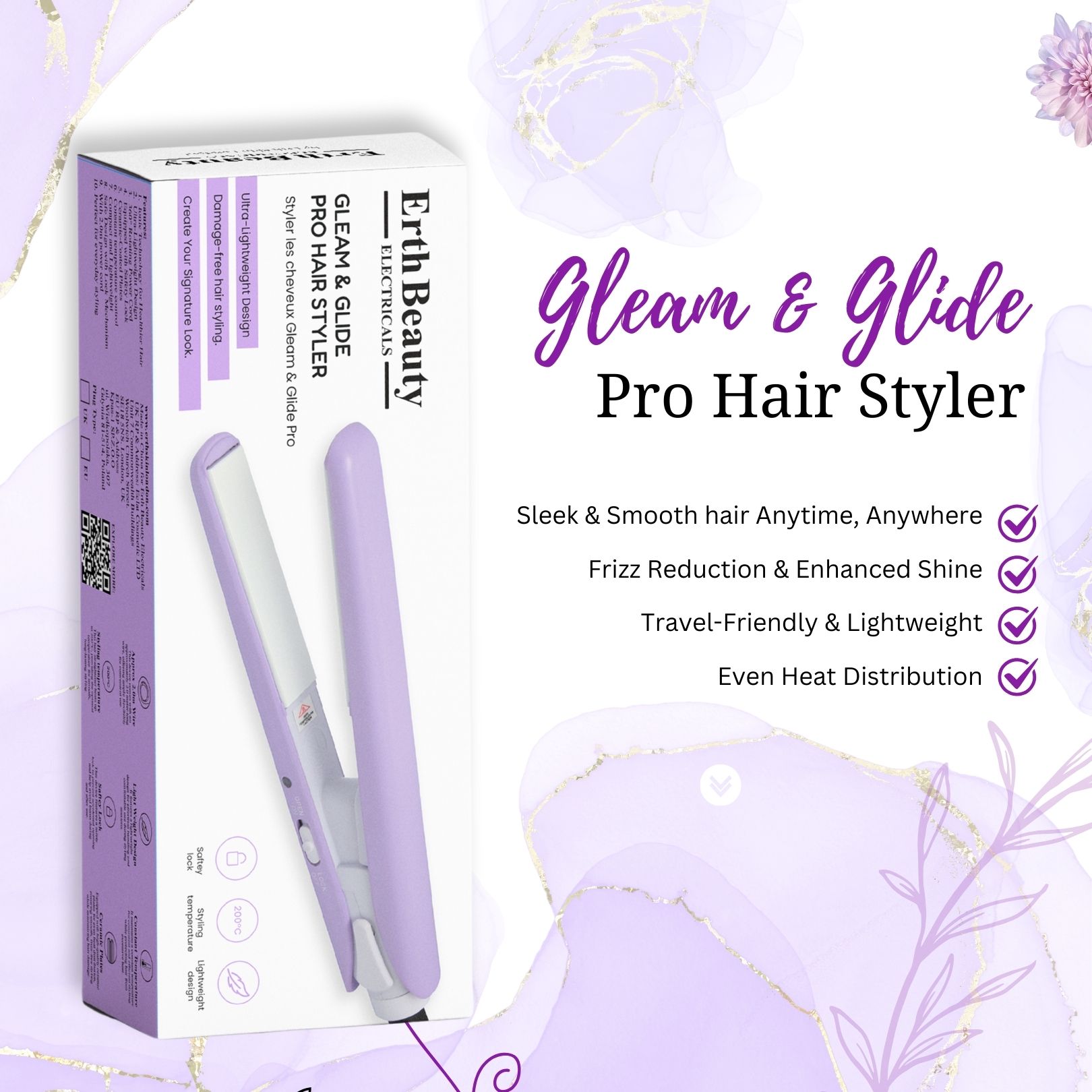 Fer à lisser avec emballage. Violet et blanc. Marque Erth Beauty. Texte : Gleam & Glide Pro Hair Styler. Design ultra-léger. Pour cheveux lisses.