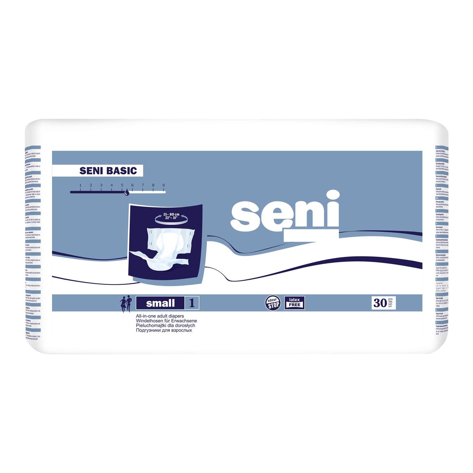 Verpackung Seni Classic Basic S. Blaue und weiße Verpackung mit Produktabbildung und Schriftzug. Enthält 30 Stück. Größe Small.