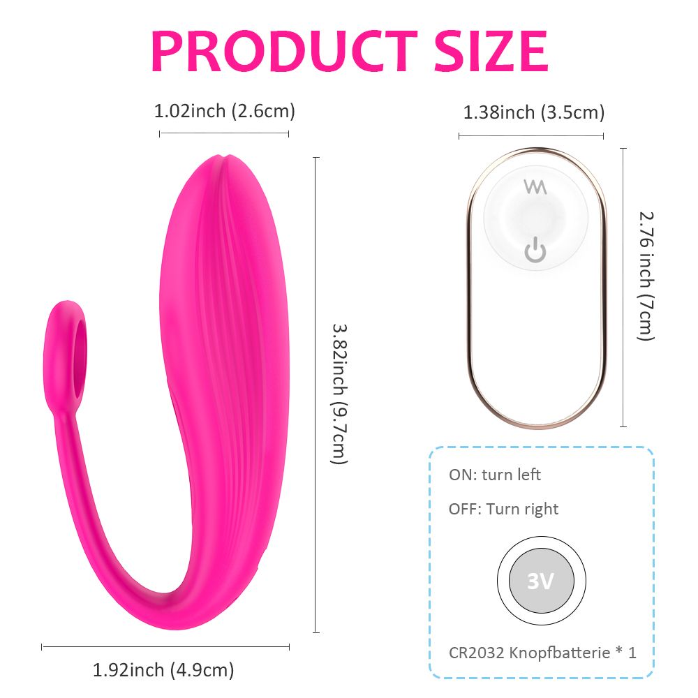 Rosa Vibrator mit Maßen. Enthält Fernbedienung mit Knöpfen und Batterie.