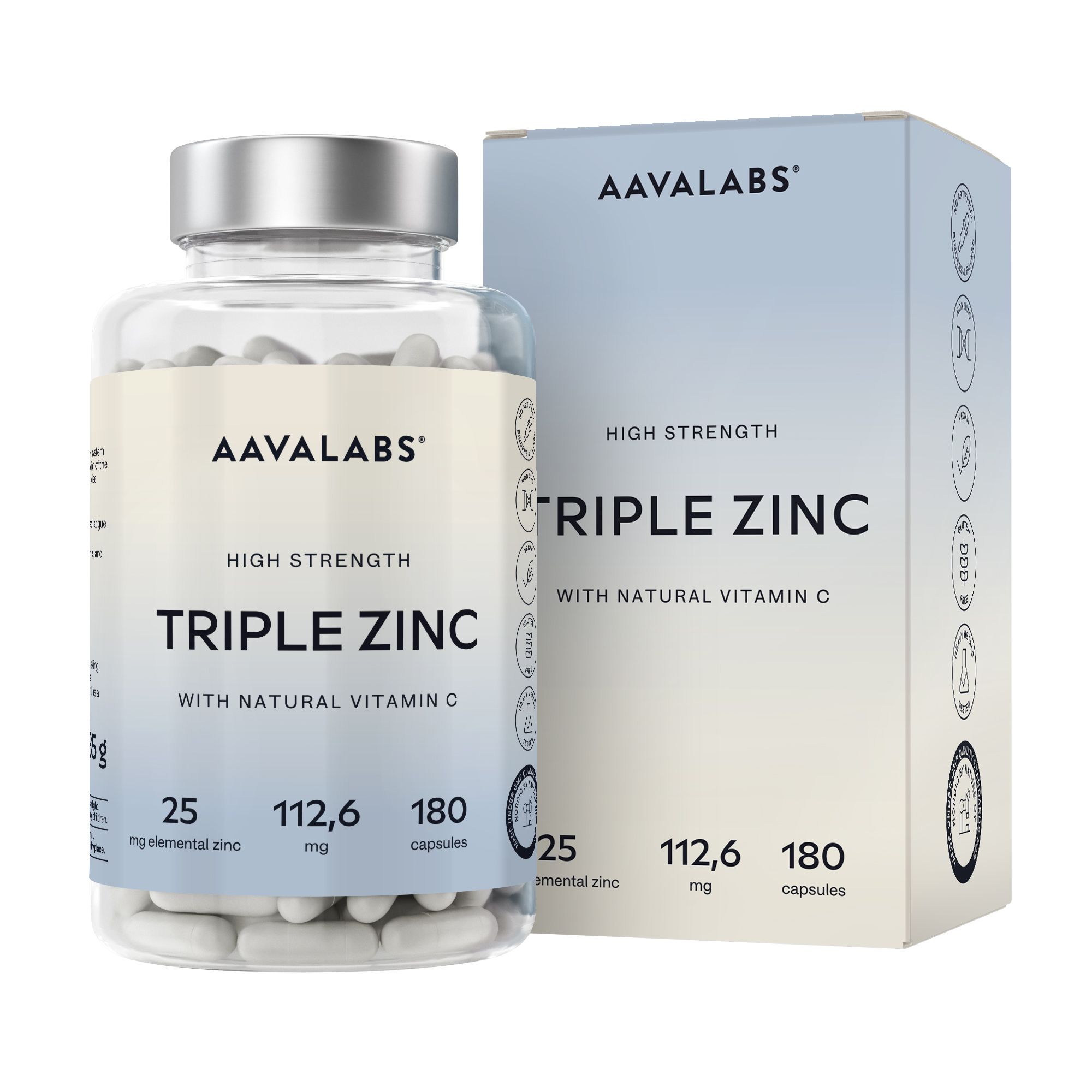 AAVALABS Triple Zinc mit Verpackung. 180 Kapseln. 25 mg Zink, 112,6 mg. Mit natürlichem Vitamin C.