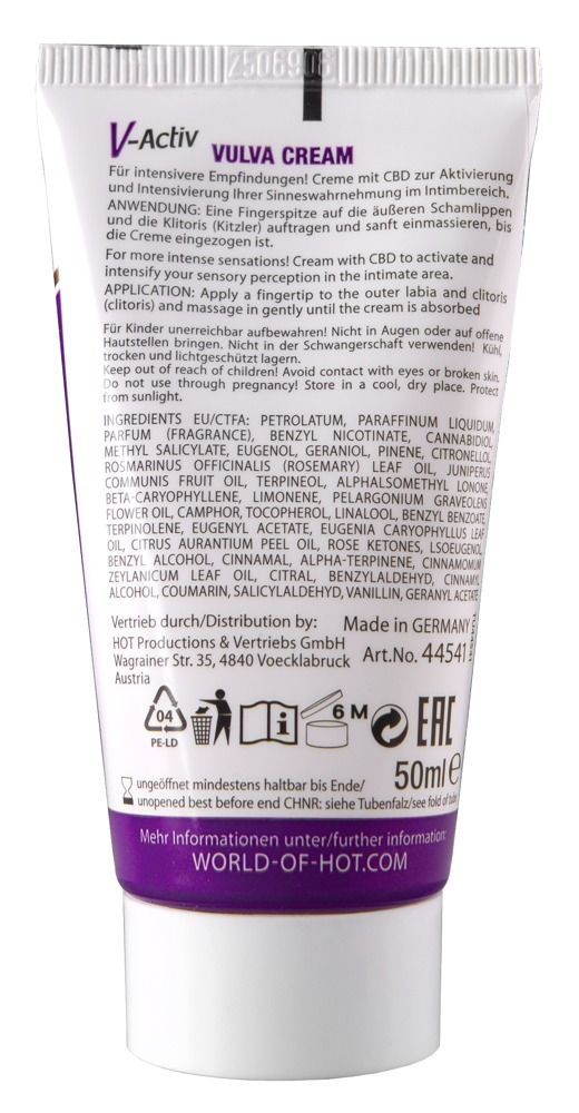 Creme-Tube mit Produktinformationen. Aufschrift: V-Activ Vulva Cream. Lila und weiße Farbgebung. 50ml.