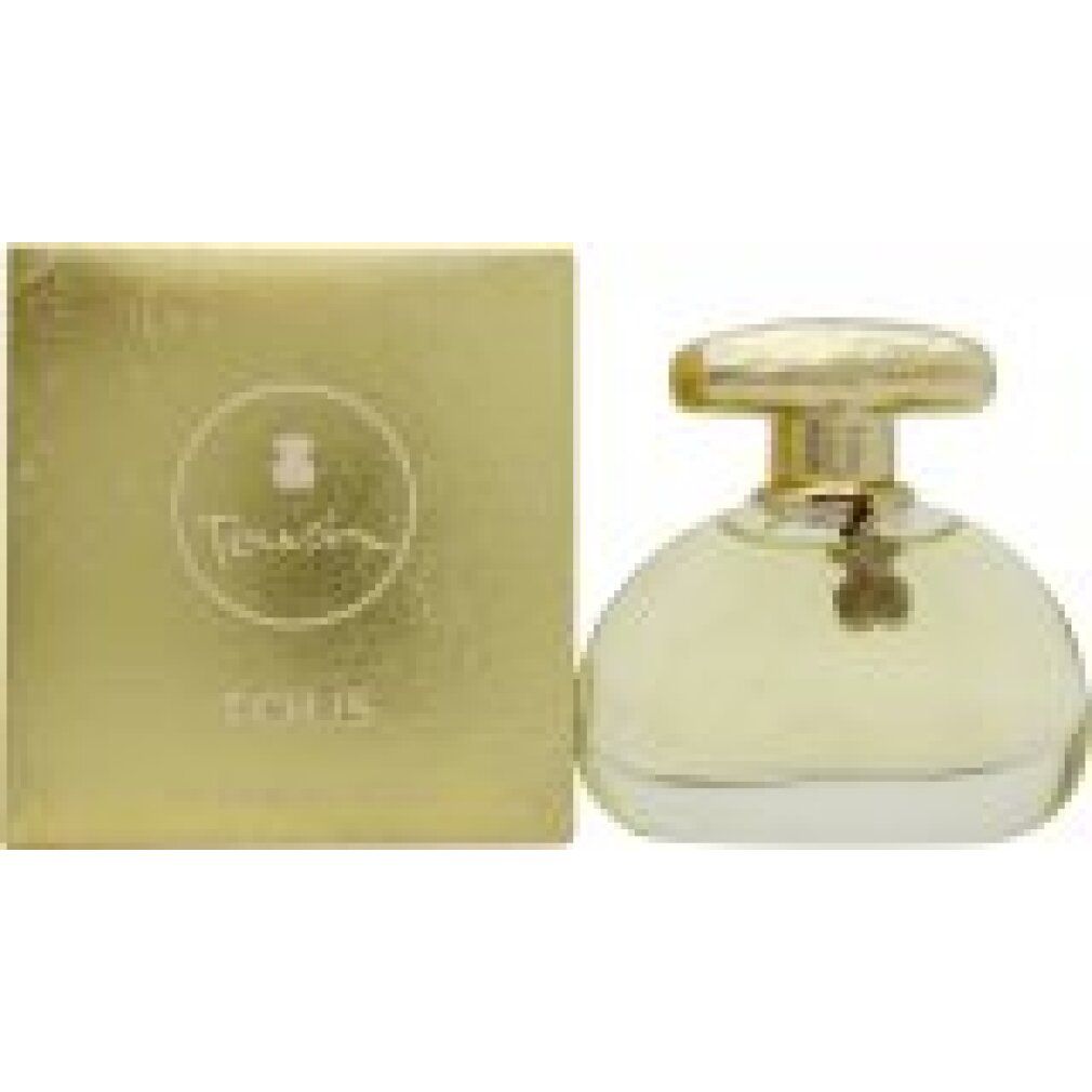 Parfümflakon und -verpackung. Goldfarbener Flakon mit goldfarbenem Verschluss. Verpackung mit Logo und Schriftzug Tous.