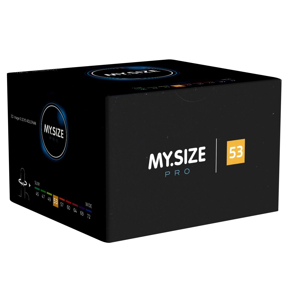 Schwarze Verpackung mit MY.SIZE PRO Logo. Größe 53 mm. Größenangaben von 45 bis 72 mm.