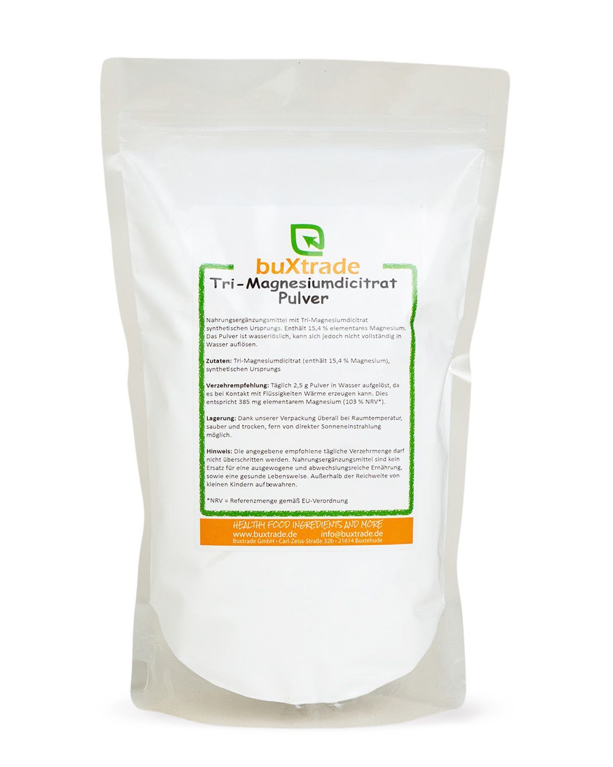 Buxtrade Tri-Magnesiumcitrat Pulver in weißer Standbodenbeutel-Verpackung mit Etikett.