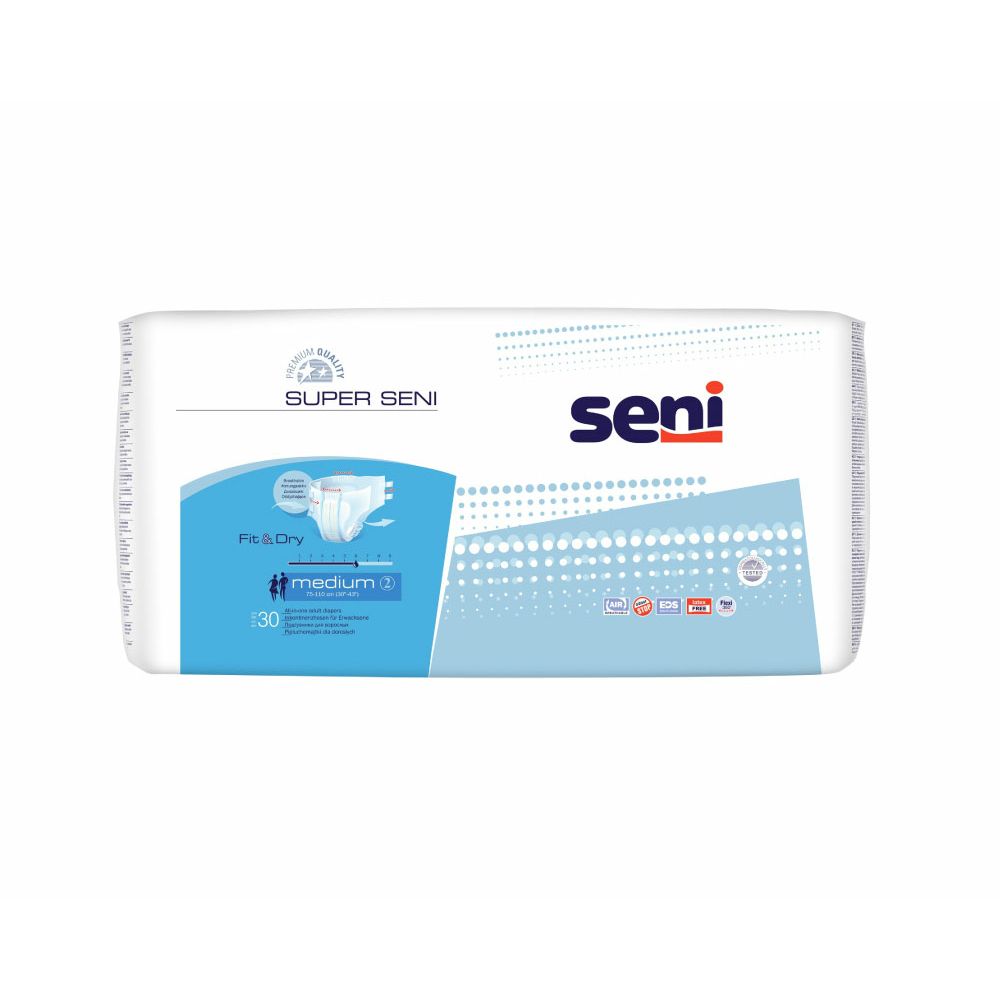 Packung Super Seni Inkontinenz-Windeln. Weiße Verpackung mit blauen Akzenten. Seni-Logo und Produktbezeichnung.