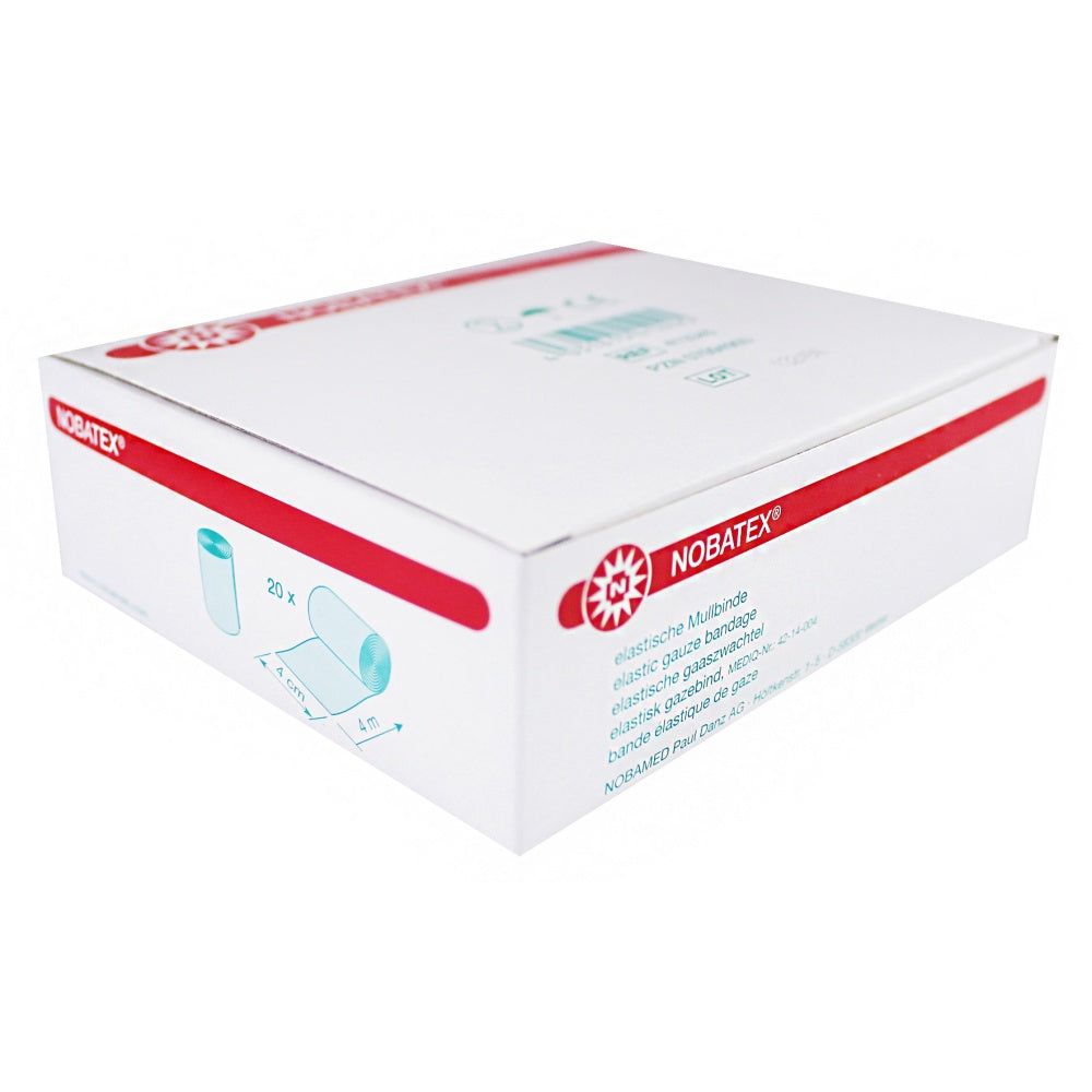 Weiße Verpackung mit roter Umrandung. Aufschrift NOBATEX und elastische Mullbinde. Illustration einer Rolle. CE-Kennzeichnung.