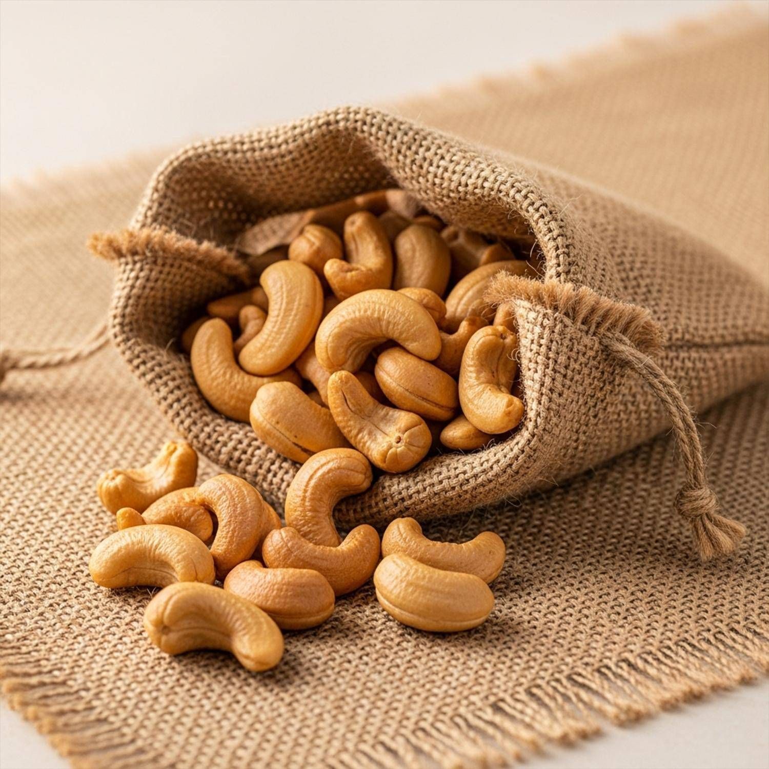 Geröstete Cashewkerne in einem Jutesack auf einer Juteunterlage.