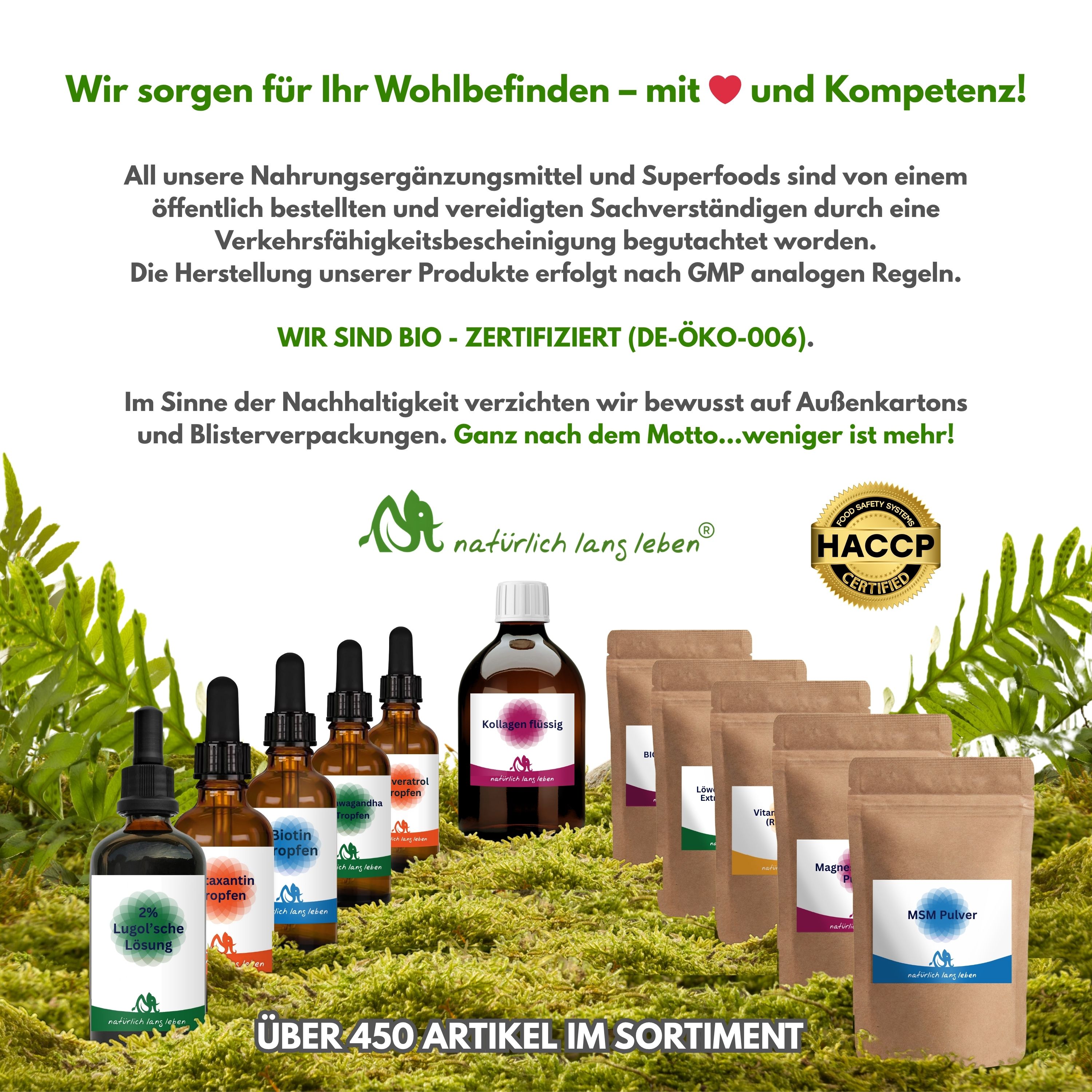 Verschiedene Produkte, darunter Flaschen und Beutel. Logo: natürlich lang leben. Text: Wir sind Bio-zertifiziert. HACCP-Siegel.