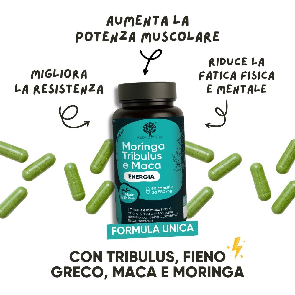 Grüne Kapseln und Flasche mit Produkt. Text: Moringa Tribulus e Maca Energia. 60 Kapseln.