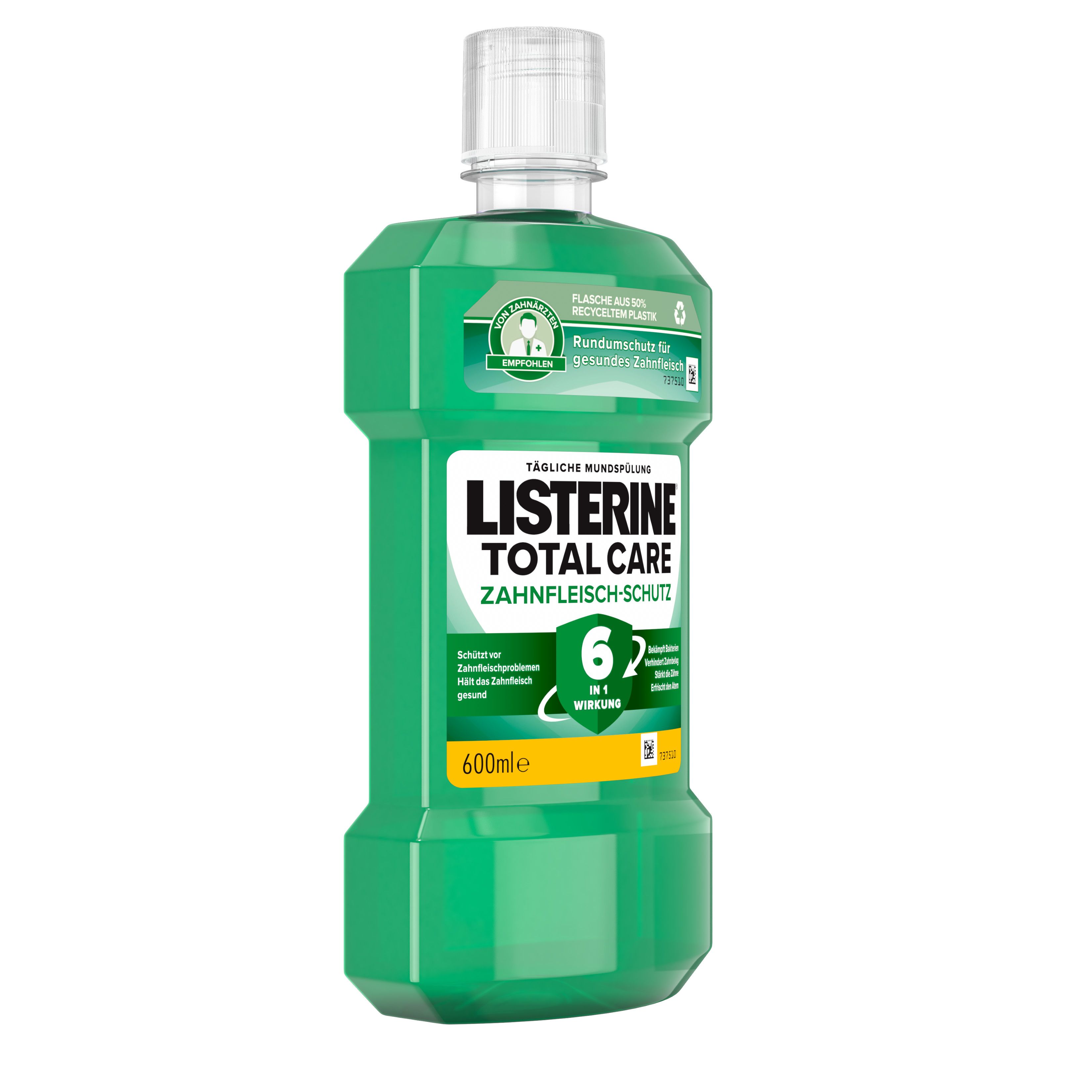 Grüne Flasche Listerine Total Care Zahnfleisch-Schutz, 600ml, mit weißem Deckel.