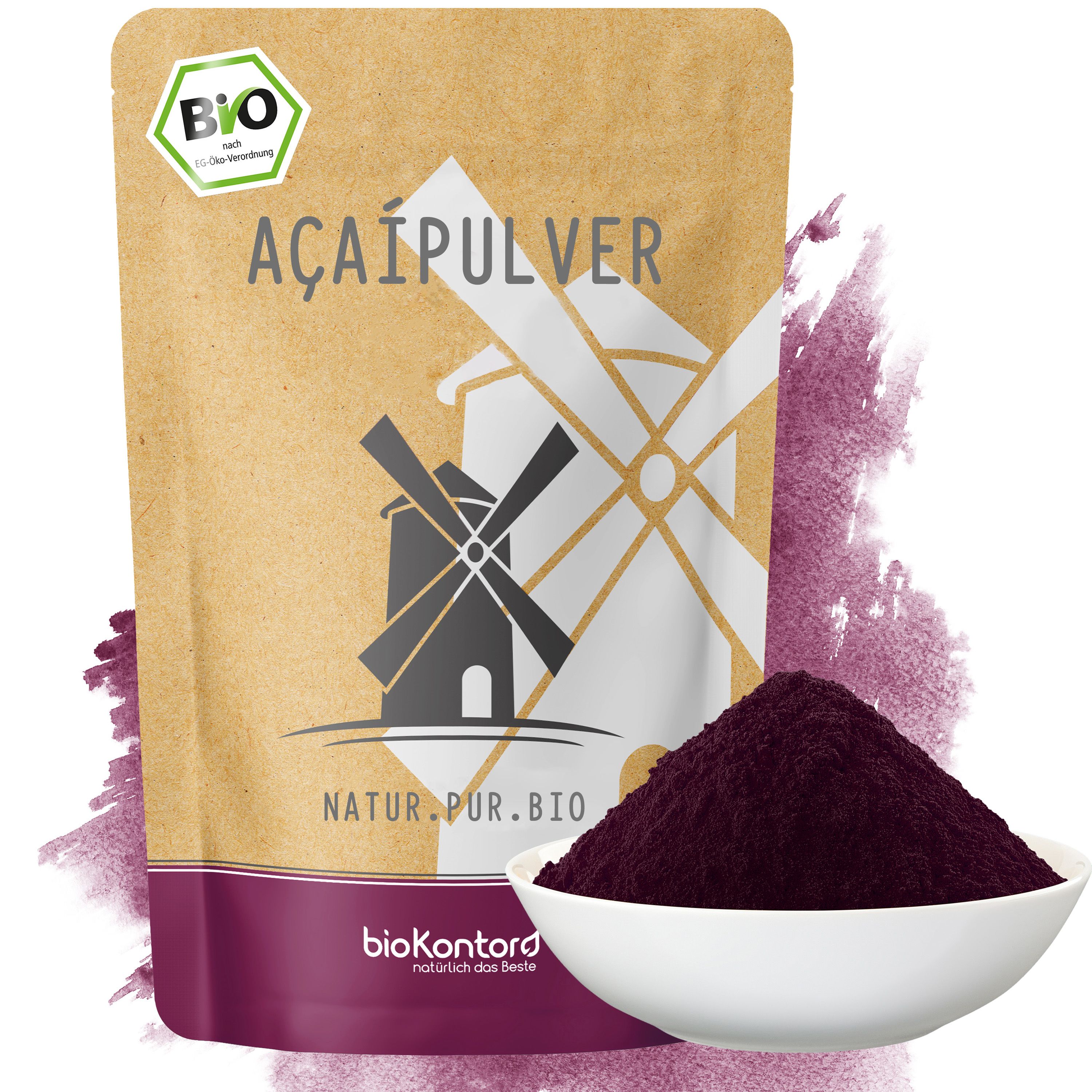 Bio Açaí Pulver in einem braunen Standbeutel mit Windmühlen-Logo und einer Schale lila Pulver daneben.