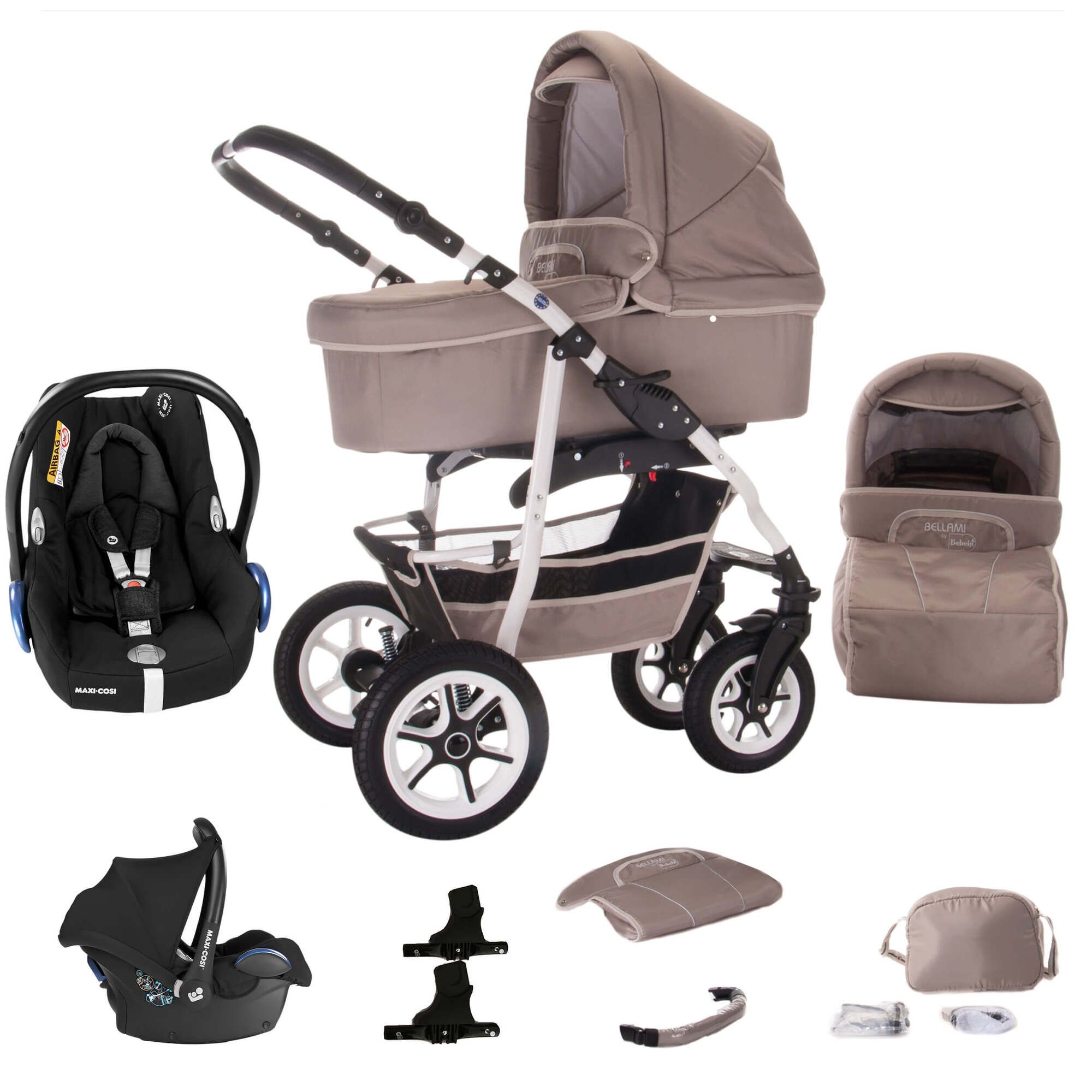 Bebebi Bellami 3 in 1 Kinderwagen Set mit Original Maxi Cosi, Luft Bellataupe
