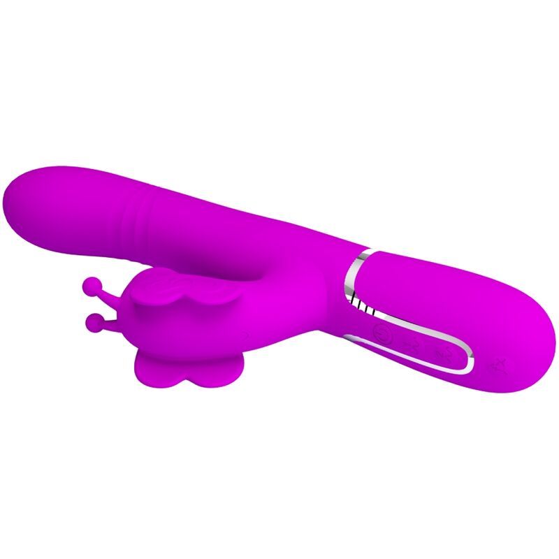 Lila Vibrator mit Hasenohren-Design. Horizontale Ansicht. Glatte Oberfläche, silberne Akzente.