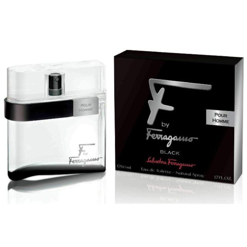 Schwarzer Karton und Flakon. Auf dem Karton steht "F by Ferragamo Black". Der Flakon hat eine schwarze Basis und einen transparenten Deckel.