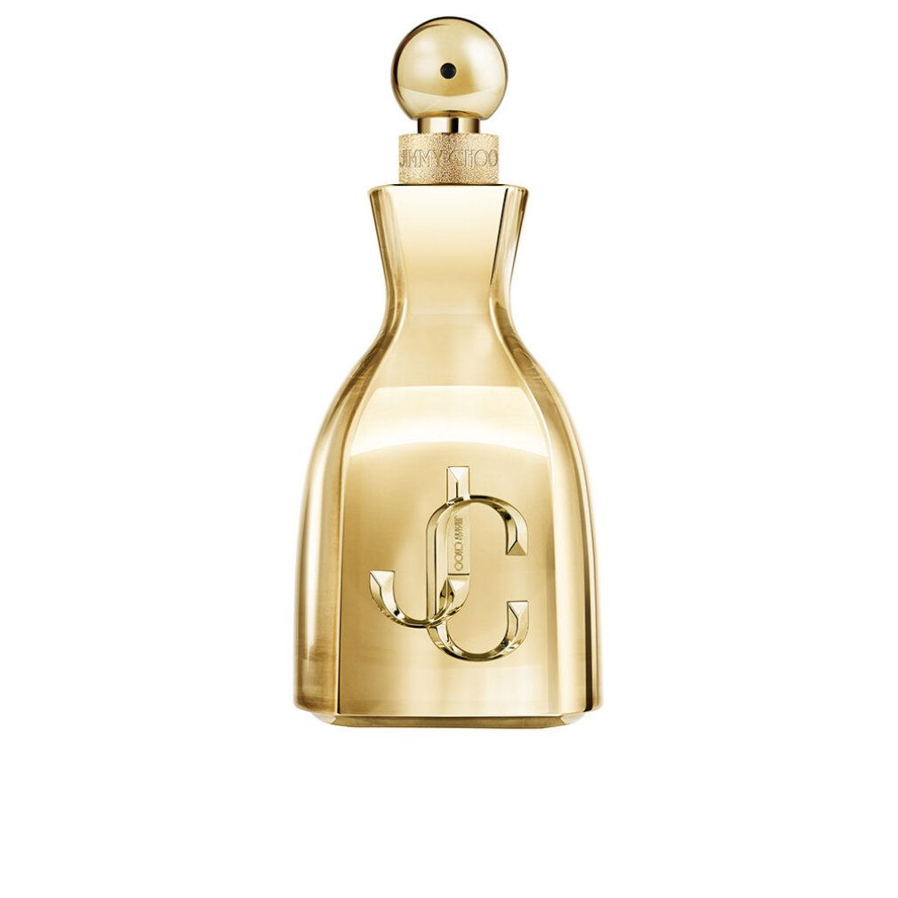 Goldener Jimmy Choo i Want Choo Le Parfum Flakon mit goldenem JC-Logo.