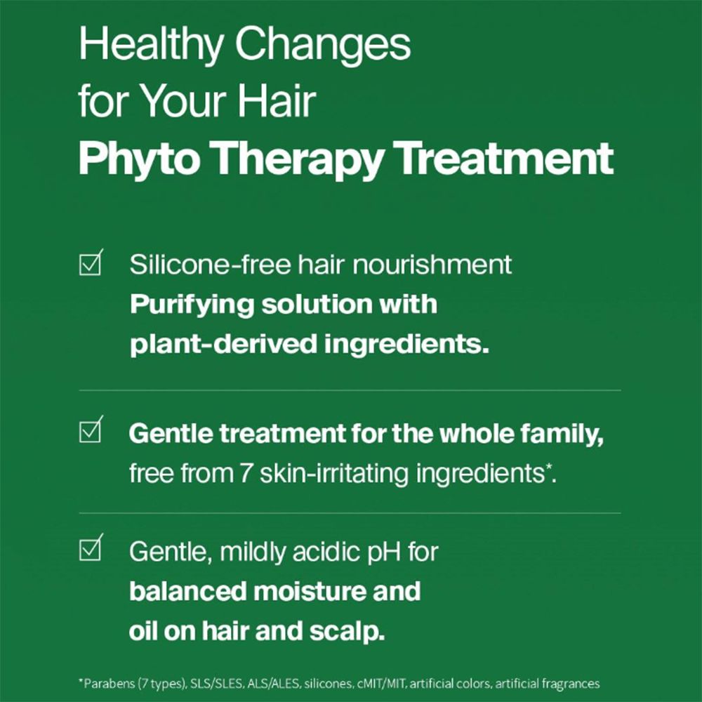 Text auf grünem Hintergrund: „Healthy Changes for Your Hair“ und „Phyto Therapy Treatment“. Enthält Listen mit Produktvorteilen.